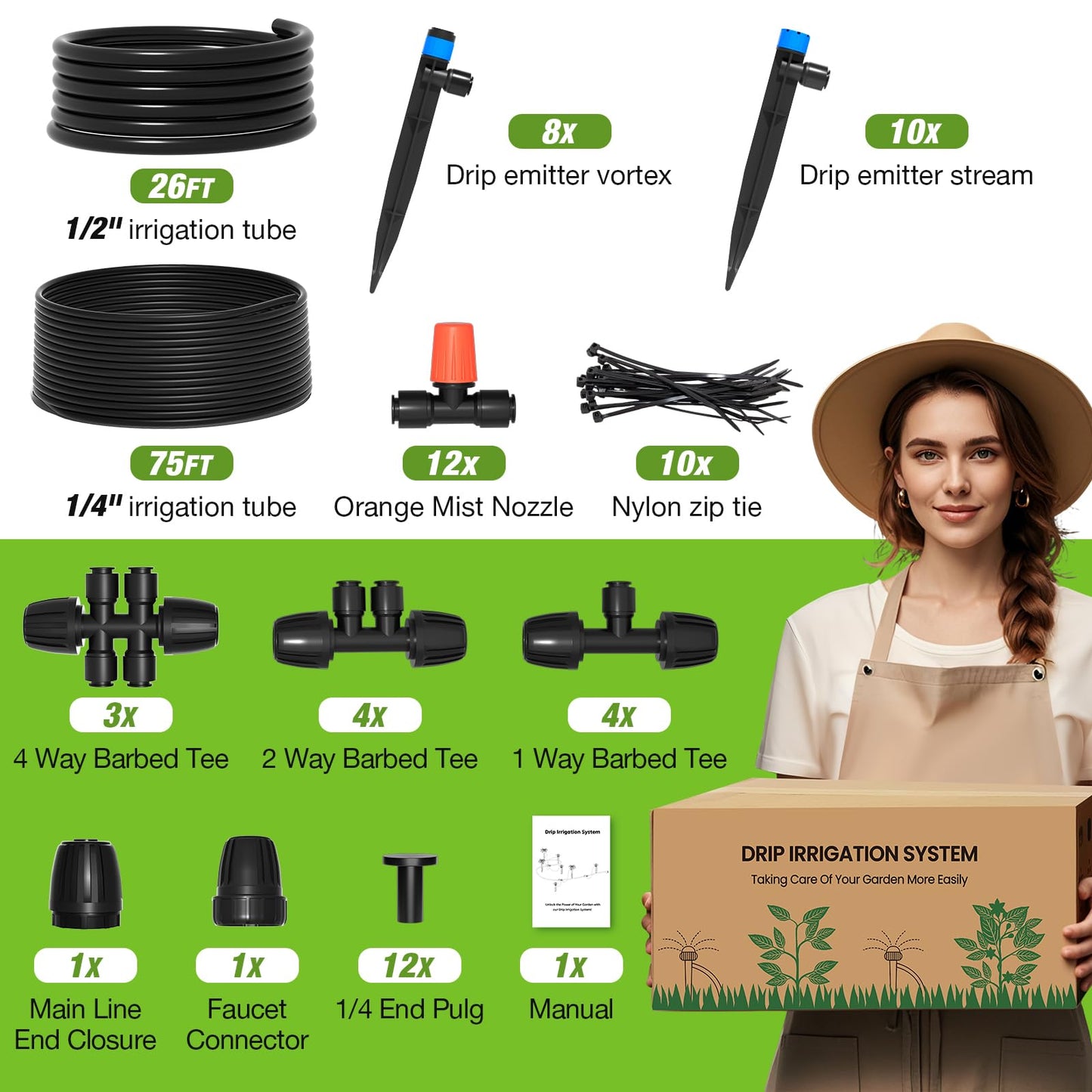 MIXC Greenhouse Micro Drip Irrigation Kit Automatic Irrigation System Patio Misting Plant Watering System with 1/4 inch 1/2 inch Tubing Hose Adjustable Nozzle Emitters Sprinkler Barbed Fittings