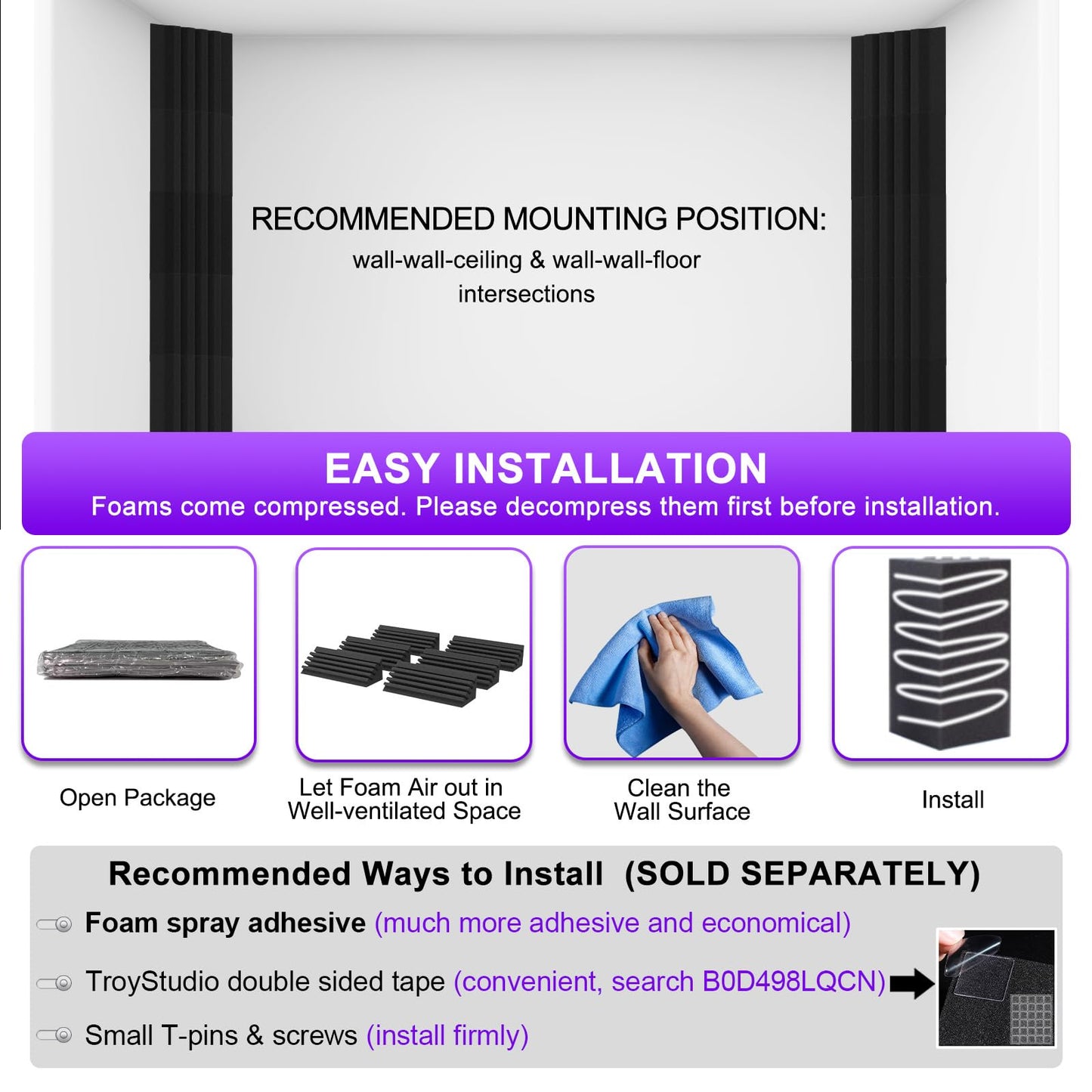 TroyStudio Interval Bass Traps - 4 X 4 X 12 Inches 12 Pcs Dense Studio Acoustic Foam, Acoustic Bass Corner Reduce Reverb Echo, Acoustical Treatment Sound Foams for Home, Office Recording Studio