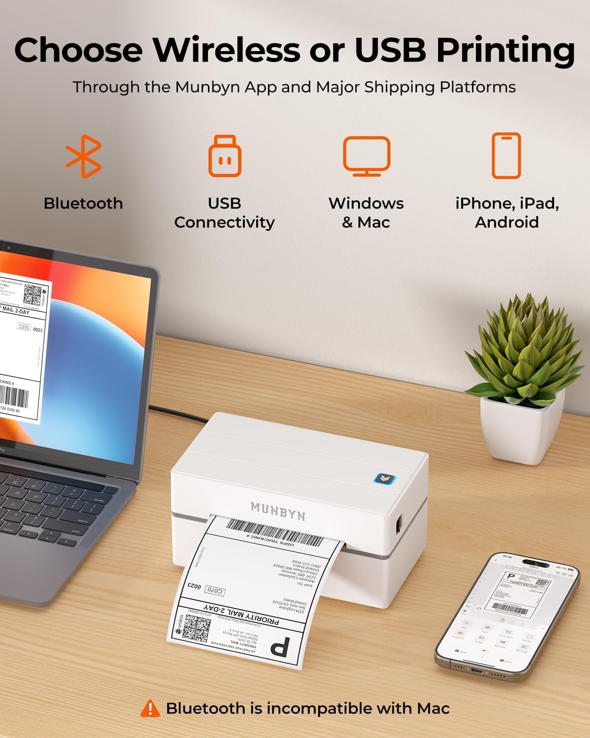 MUNBYN Bluetooth Thermal Shipping Label Printer, 130B Wireless 4x6 Label Printer for Small Business Office, Compatible with iPhone, Android, iPad, Windows, macOS, Canada Post, UPS, Purolator (White)