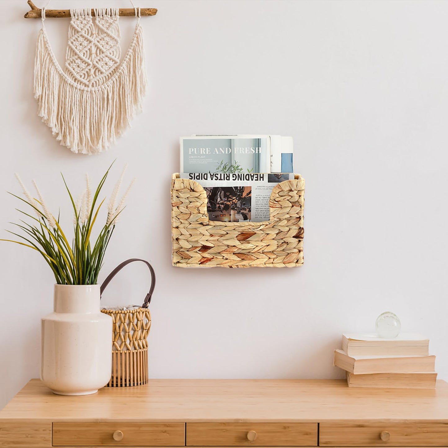 BTSKY Mail Organizer Wall Mounted File Holder Natural Water Hyacinth Magazine Basket Wall Hanging Magazine Holder Mail Storage Basket Bin for Home Office, 11.8 x 4.3 x 7.9 Inch