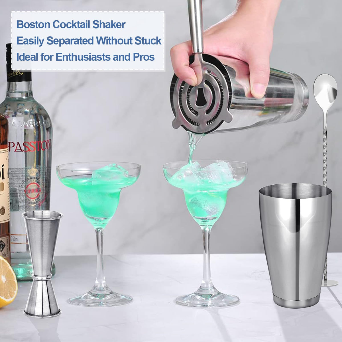 Cocktail Shaker Boston Shaker Set 10 Pcs Professional Bartender Kit Bar Shaker Stainless Steel Drink Shaker Bartending Martini Shaker Tin with 18oz&28oz Mixed Alcohol Shaker Tool for Beginner(Silver)
