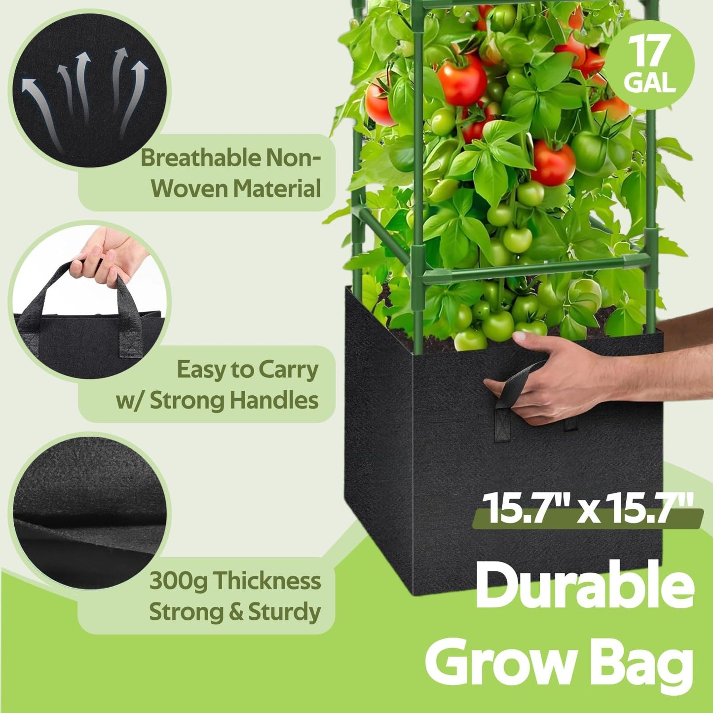Glazeal 3 Pack Tomato Cages with 17 Gallon Grow Bag - 120cm Square Plant Support Trellis Tomato Planter Pots Kit - Garden Stakes for Vertical Climbing Plants Vegetable Flower Fruit Outdoor Indoor