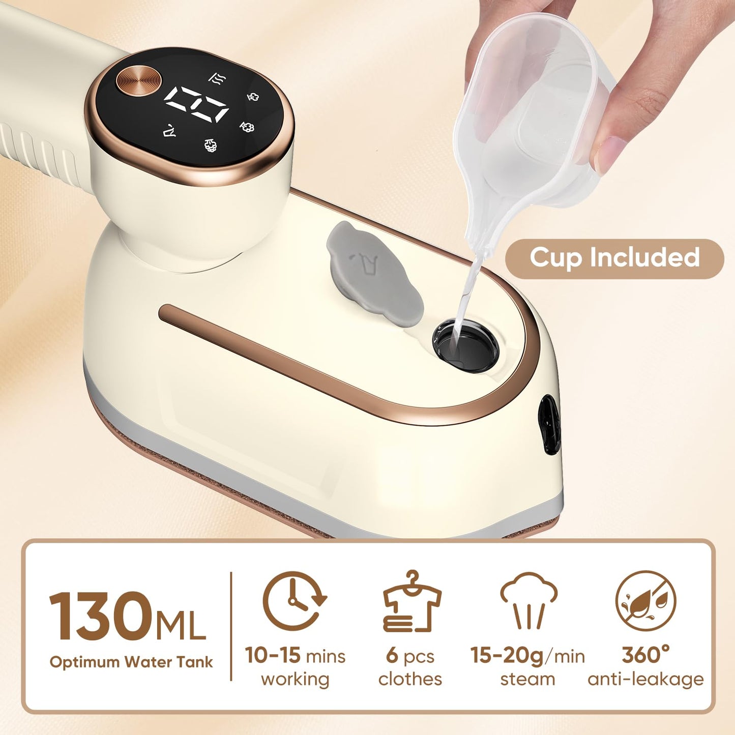 1200W Portable Iron Steamer Clothes - LED Display & 3+1 Level Steam, Small Hand Held Steamer with 130ml Tank, Travel Size Iron with Ironing Glove, Dorm Essential, Off White(110V Only, Not for Europe)