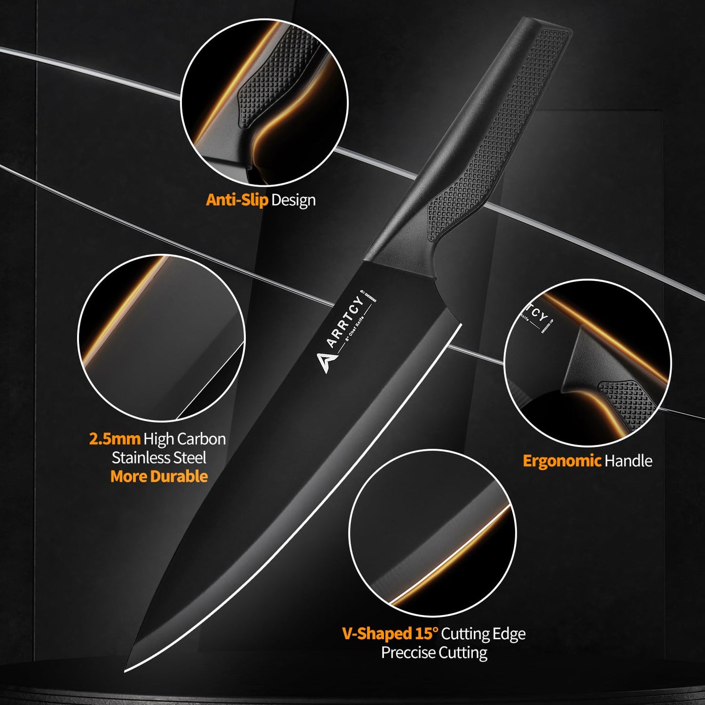 Arrtcy Knife Set - Kitchen Knife Set with Built-in Sharpener - Knife Block Set Dishwasher Safe 15 Piece - Anti-Slip Handle - German Stainless Steel - Black,with Gift Box