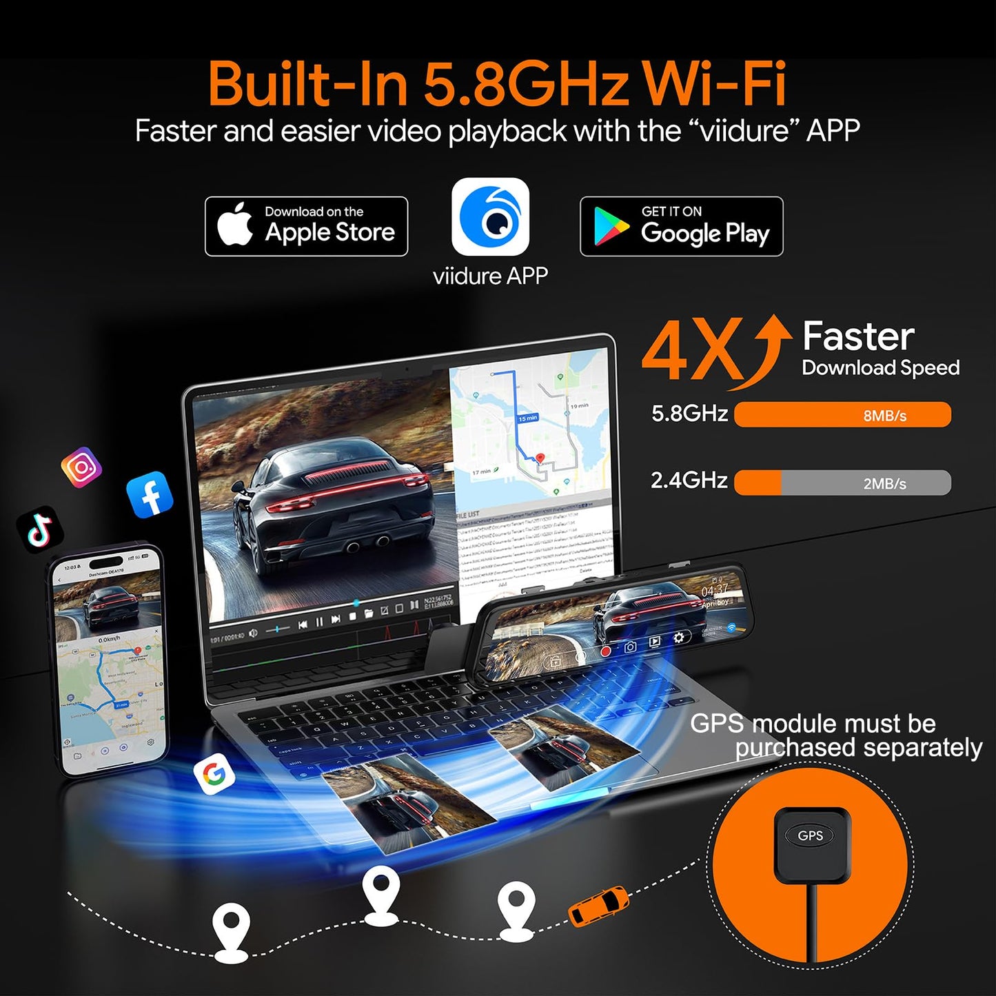 3 Channel Mirror Dash Camera for Cars, 10" Triple Rear View Mirror with 4K/3K Front, 1080P Inside and Rear with WiFi, G-Sensor, Night Vision, Reverse Assist, Parking Monitoring