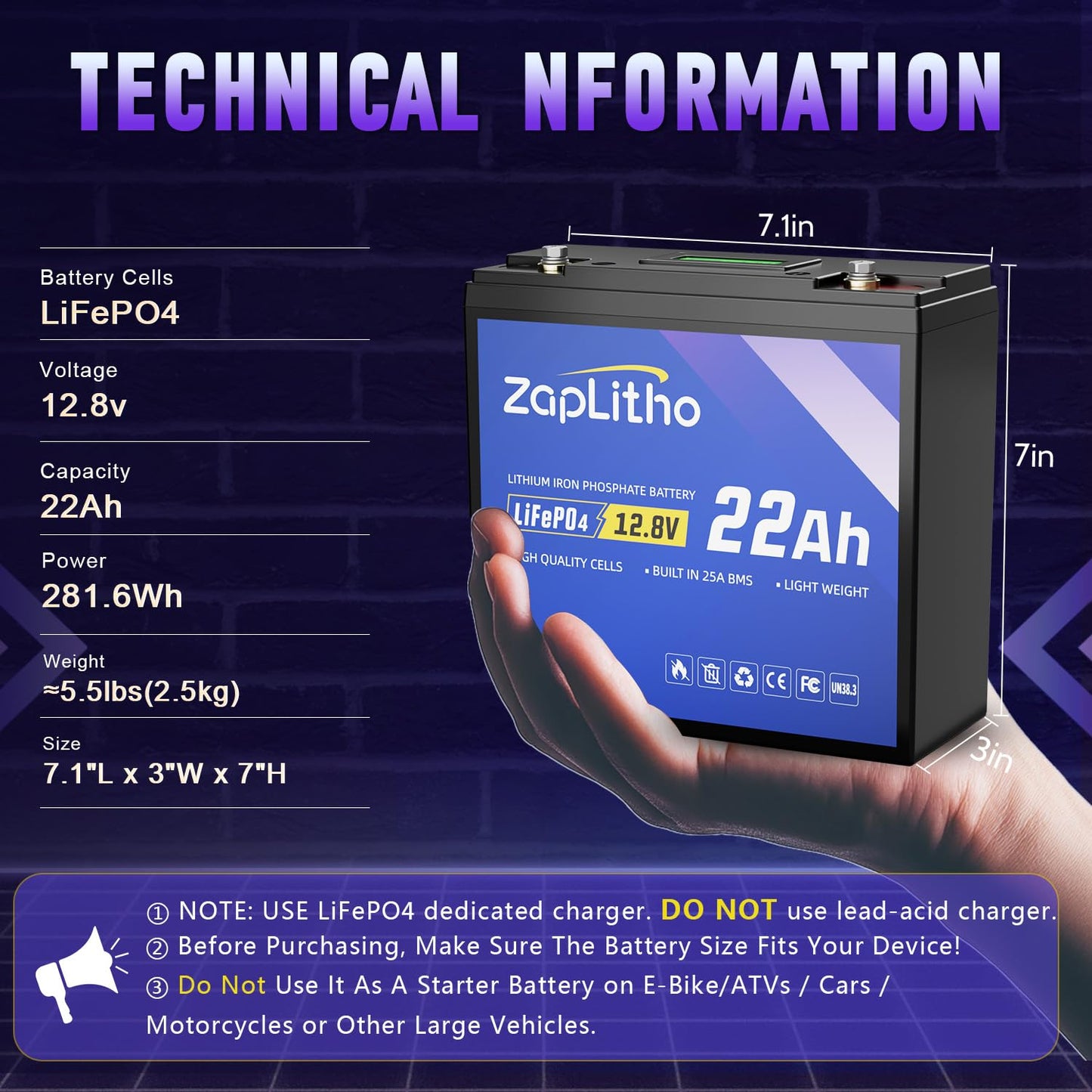 ZapLitho 12V 22Ah LiFePO4 Lithium Battery, Upgraded LCD Voltage Diaplay, 25A BMS, Low Temp Resistance Than SLA, Lightweight Deep Cycles Lithium Iron Phosphate Battery for Ham Radio, Fish Finder, Solar