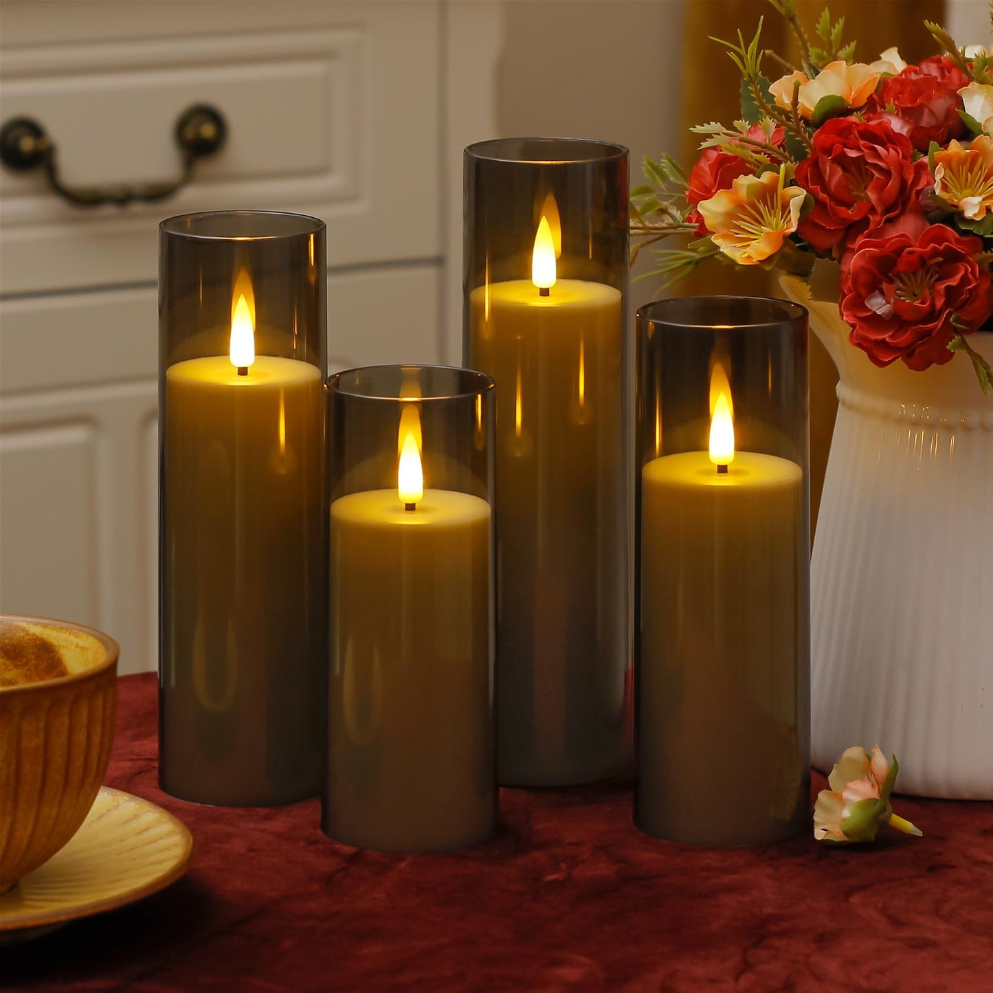 Wroxipel Pack of 8 Acrylic Flameless Flickering 2.2" x5" 6" 6" 7" 7" 7" 8" 8" Grey Plastic Candles with Remote, LED Battery Operated Cycle Timer Bulk Long Lasting Realistic Pillar Candles