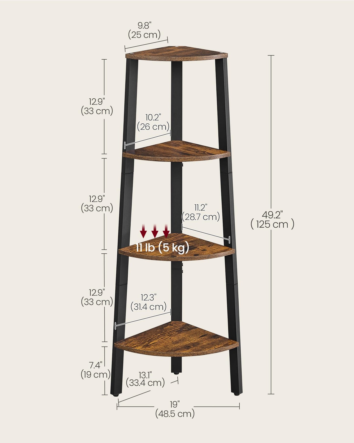 VASAGLE Corner Shelf Stand, 4-Tier Corner Bookshelf, Industrial Ladder Shelf, Plant Stand for Living Room, Office, Kitchen, Rustic Brown and Matte Black ULLS34X