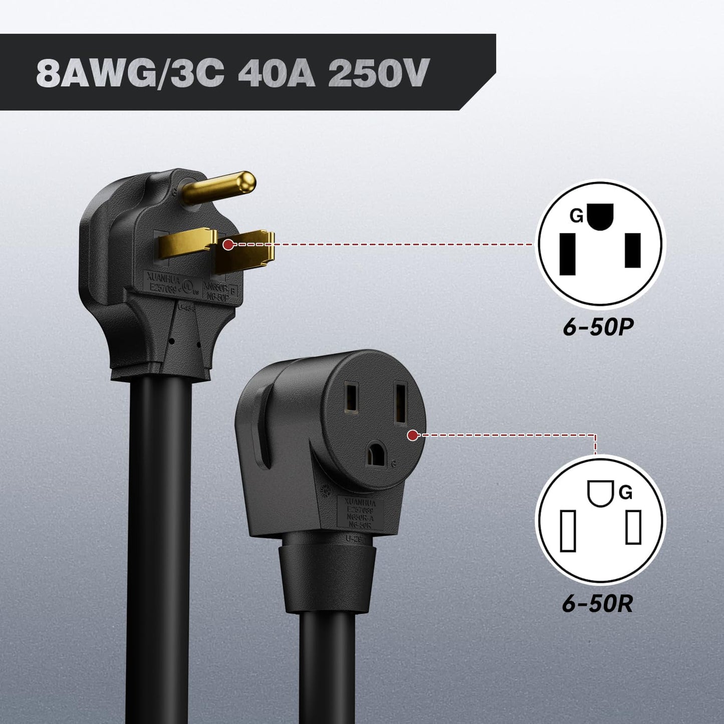 ARCCAPTAIN 40Amp 20ft Welder Extension Cord 8 AWG with Authorized Safety, 250V NEMA 6-50 Heat-Resistant Welding Cord 3 Prong for MIG/TIG/MMA Welder, Plasma Cutter