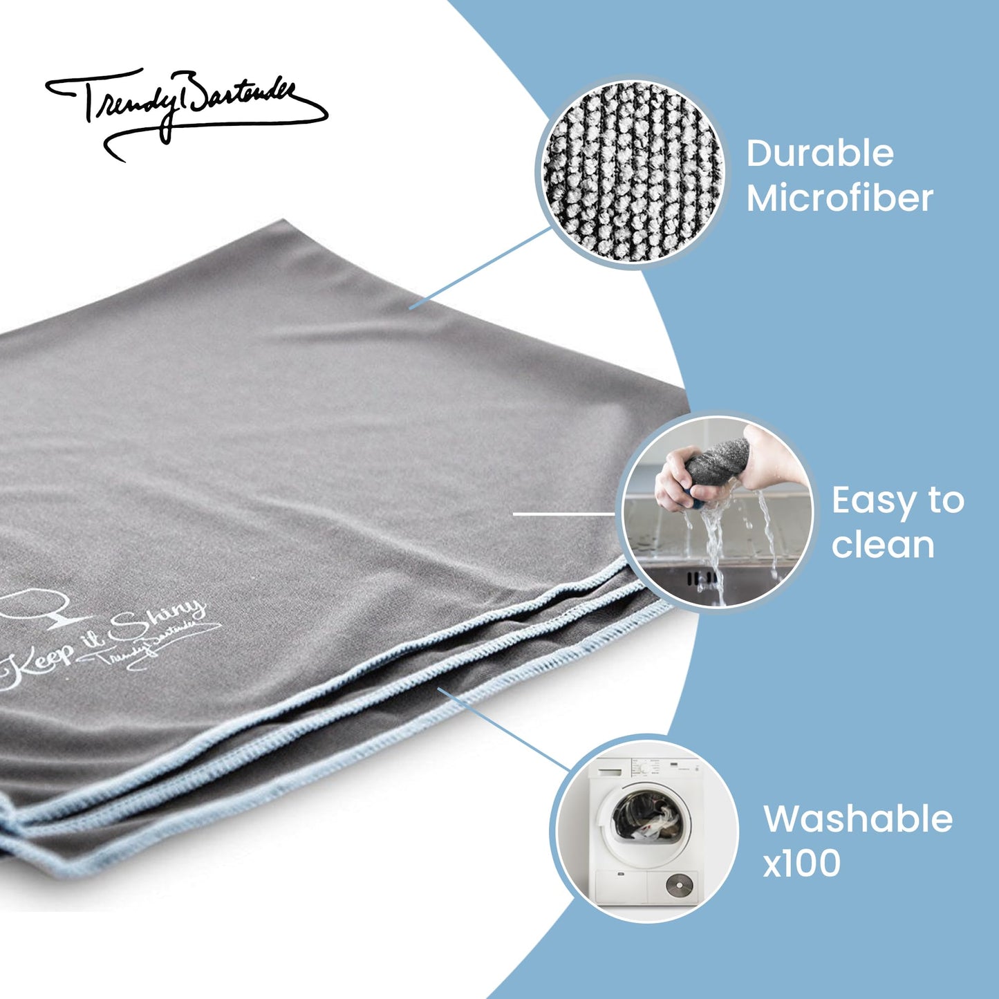 Extra Large Microfiber Glass Polishing Cloth (5-Pack) by Trendy Bartender - 25x20 inch Premium Lint Free Cleaning Cloth For Stemware etc - Bar Towel For Spotless Results - Premium Quality (Gray)