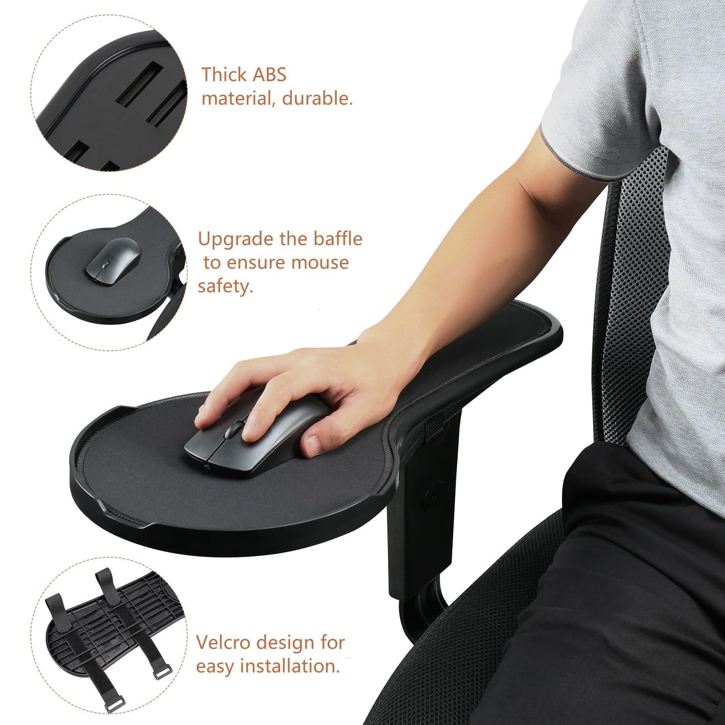YuPinDiZu Ergonomic Adjustable Arm Rest Mouse pad for Chair, Mouse Extension Platform Tray with Mouse Baffle to Prevent Falling, Attaches to Chair, Black (Black（YYLL8326）)
