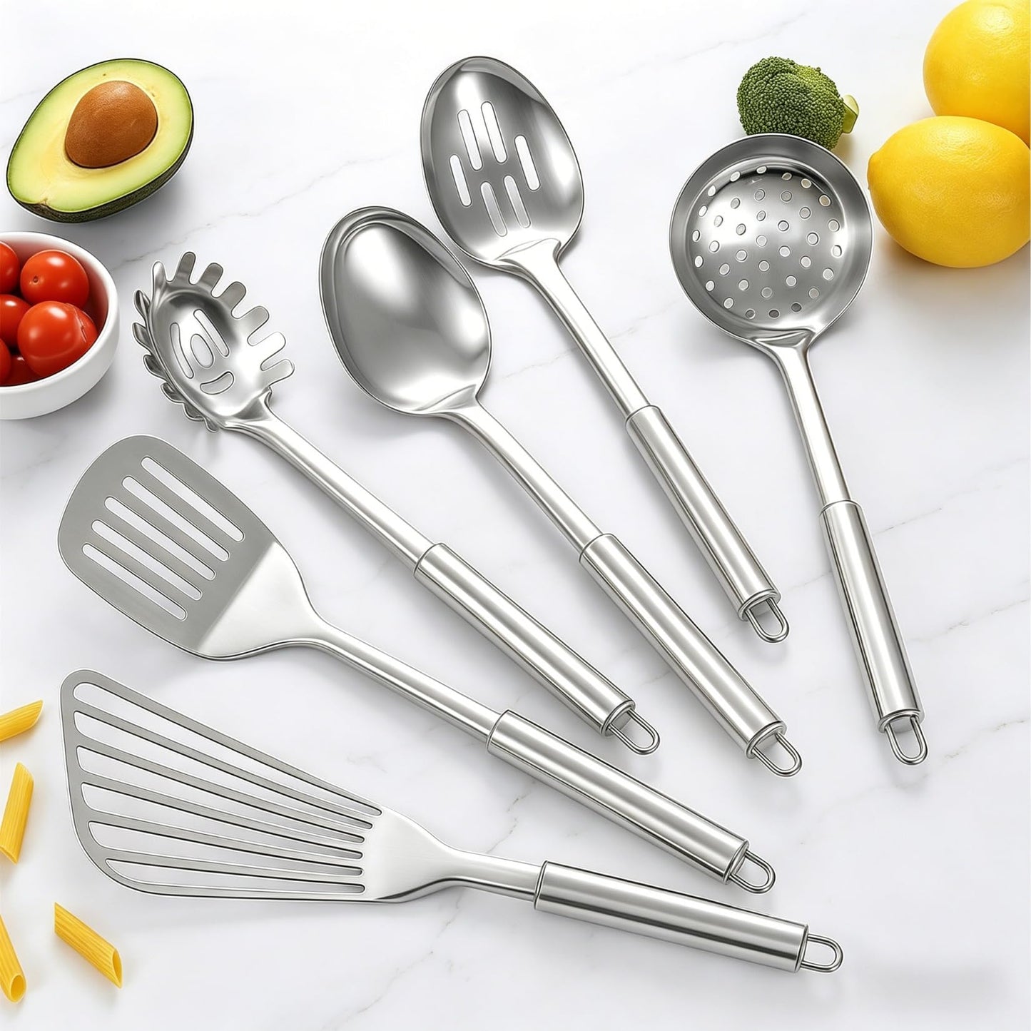 Stainless Steel Kitchen Utensils Set - 12pcs Cooking Utensil Set with Holder, Heat Resistant Metal Spatula Sets for Cooking, Stainless Steel Utensils Set with Turner Potato Masher Spoon Tong Whisk