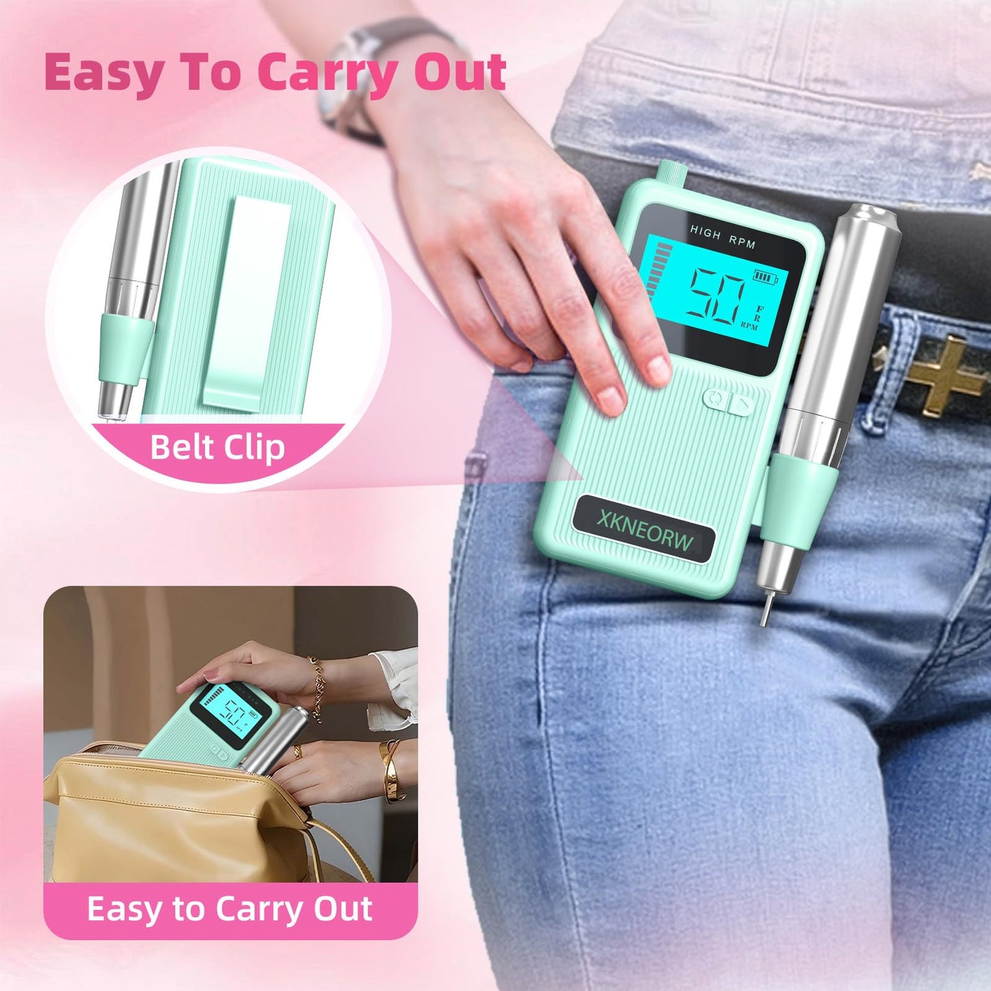 XKNEORW Professional Electric Nail Drill 50000 RPM High Speed with Smart Adjustment, Nail Salon & Home Use Kit, 6 Grinding Heads & Extended Runtime