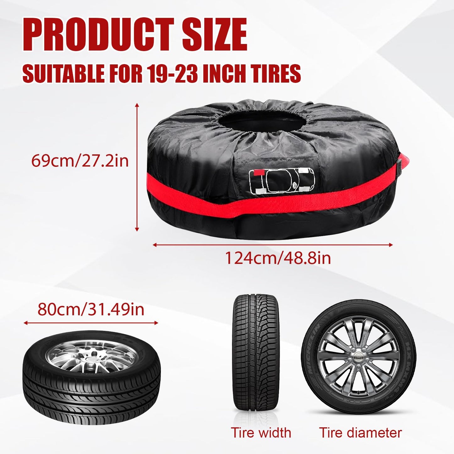 4PCS Tire Cover, Heavy Duty Outdoor Waterproof Dustproof Tire Wheel Protector for Trailer Tire Totes, Polyester Wheel Tires Storage Bags, Wheel Covers Fit for 19"-23" Tyres (Diameter 80cm)-Black/Red