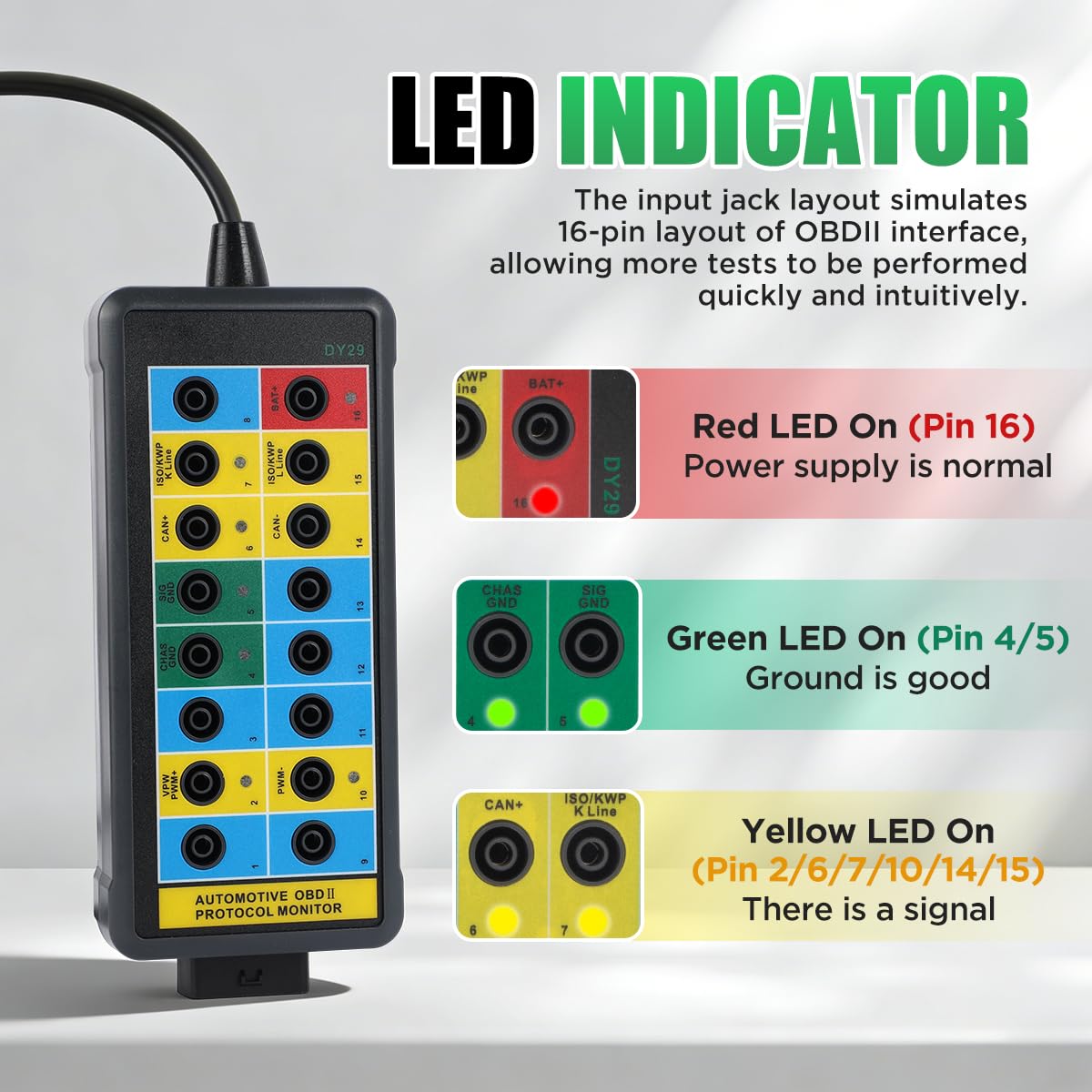 OBD2 Breakout Box Powerful OBDII Protocol Detector Communication/Power/Ground Detection Breakout Box 16-Pin CAN Breakout Box Automotive with OBD2 Scanner Connector, 4mm Banana Jack, 35-inch Cable