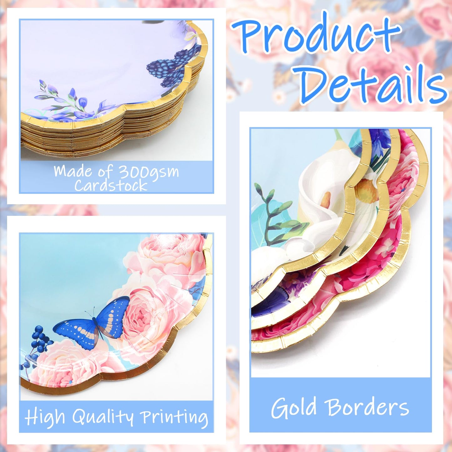 Benvo Floral Plates Disposable 60 Pack Paper Plates 9 Inch Dessert Plates Flower for Tea Party Garden Party Baby Shower Bridal Shower Birthday Wedding Decorations(6 Styles)