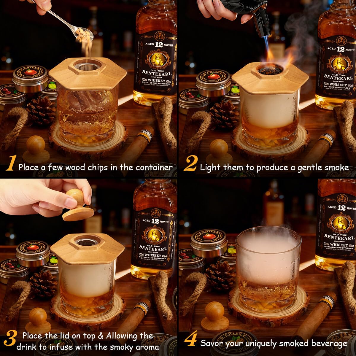 Cocktail Smoker Kit for Bourbon Whiskey Gifts for Men Drink Smoker Infuser Old Fashioned Smoker Kit with Torch Bongos Smoking Smoked Fashion Top Whiskey Making Accessories Infuse Cocktail Wine Meat