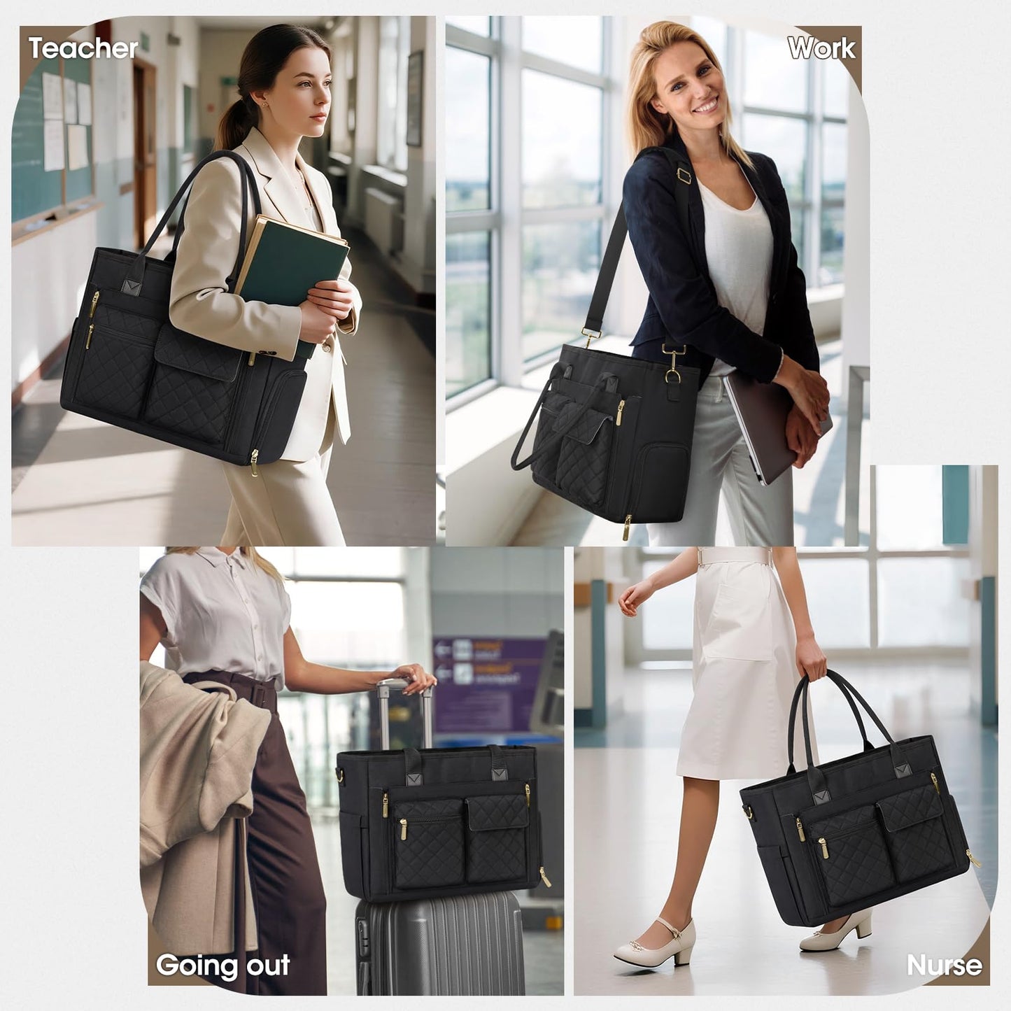 RAINSMORE Teacher Tote Bag with Insulated Lunch Compartment 15.6 inch Laptop Bag for Women Large Work Bags Nurse Bags Professional Briefcase Computer Handbag for Office, College, Nursing, Black