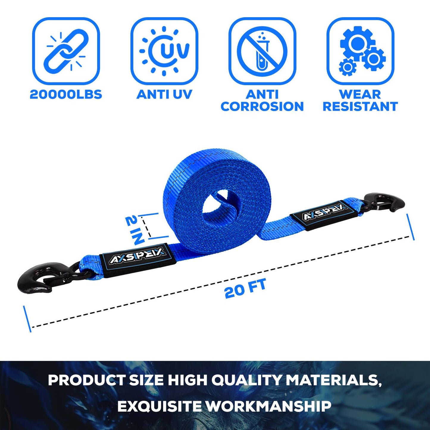AXSIPEIX Nylon Tow Strap with Hooks Heavy Duty, 2”x20’(20,000lbs) Recovery Rope Car Tow Strap for UTV, ATV, Truck(Blue)