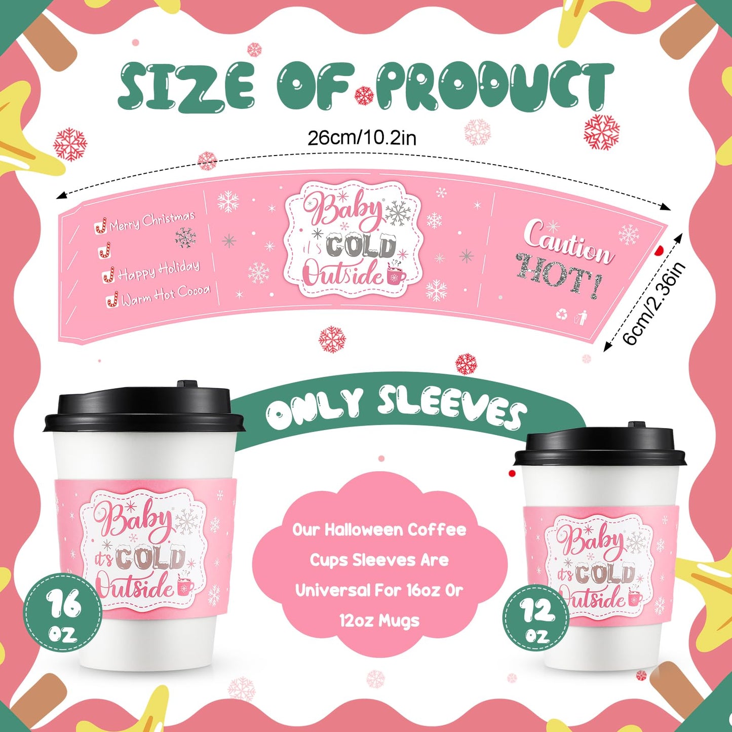 Yexiya 60 Pieces Christmas Baby It's Cold Outside Cup Sleeves Coffee Tea Fits 12oz 16oz Disposable Paper Cup Sleeves for Hot Chocolate Cocoa Beverage Xmas Party Supplies(Pink Silver)