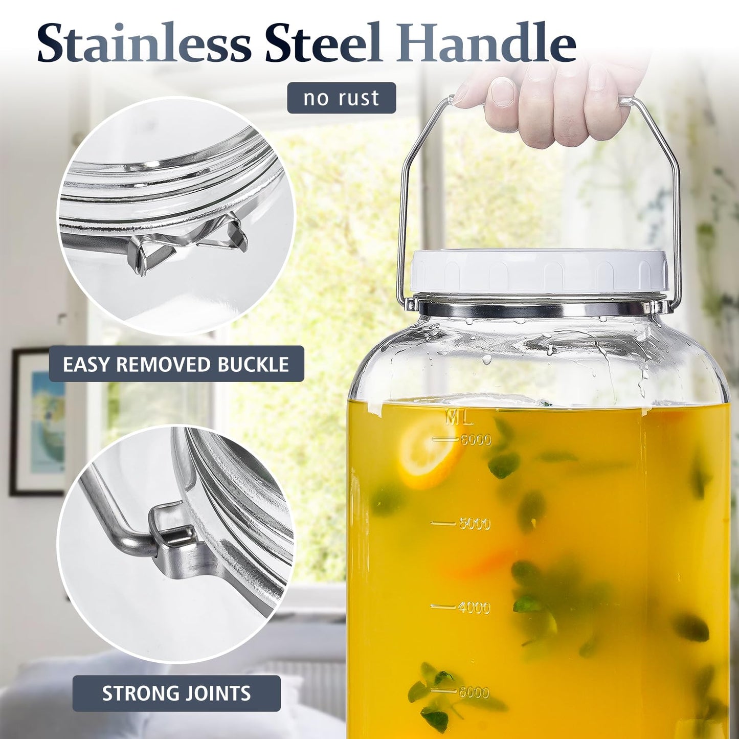 2 Gallon Large Glass Jar with Lid, Wide Mouth Storage Jars with Stainless Handle, Extra Big Glass Container with 2 Scale Mark for Storing Food, Kitchen Organization, 7400 ML/250 OZ