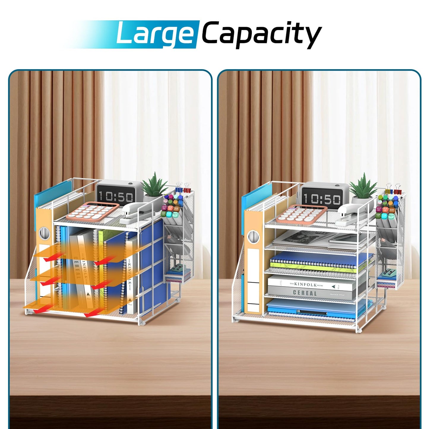 SUPEASY Desk Organizer with File Holder, 5-Tier Paper Letter Tray with Pen Holder, Desktop Organization and Storage for Office Supplies, Metal Mesh, White