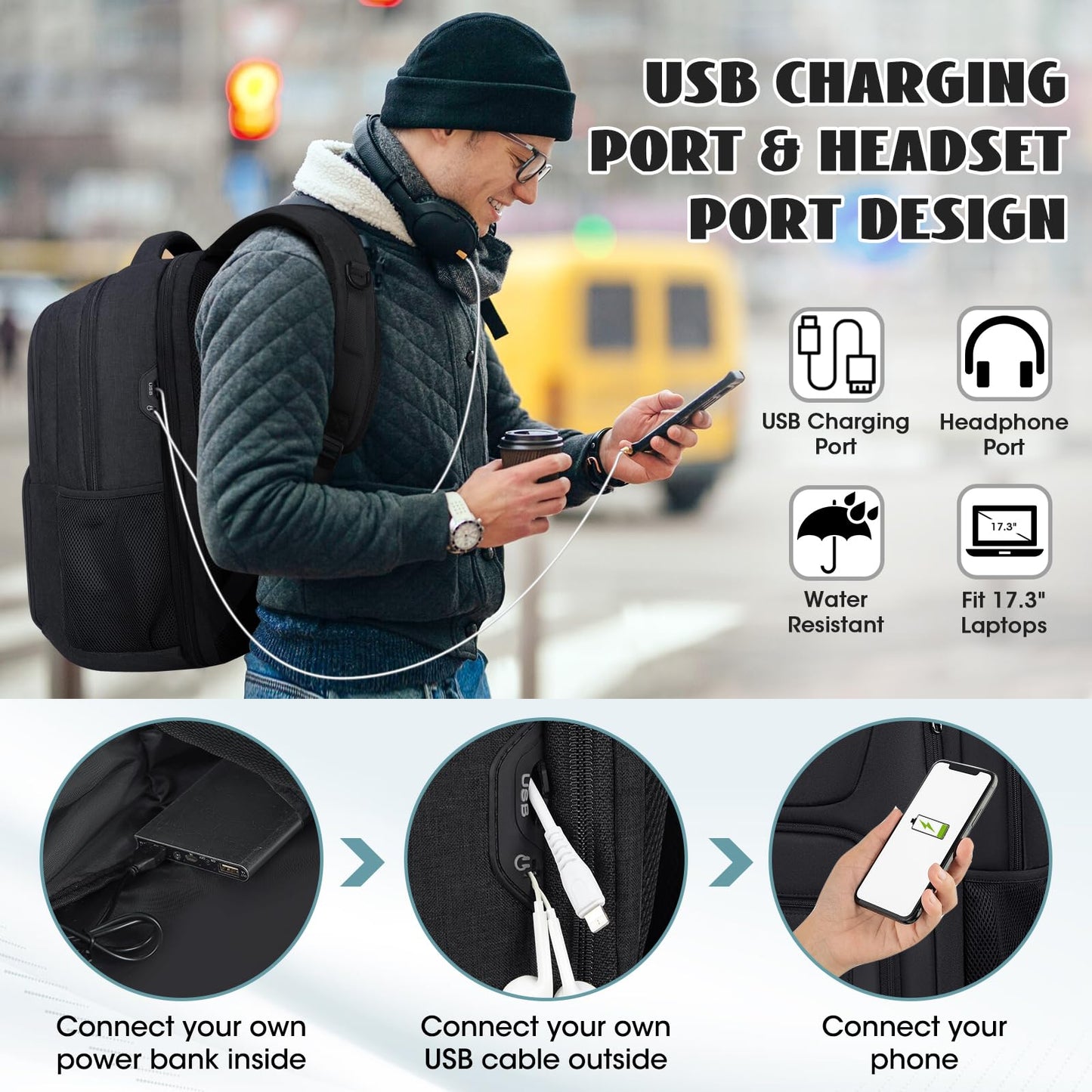 Travel Laptop Backpack, 17.3 Inch Extra Large Laptop Backpack with USB Charging Port 45L Travel Backpack for Men Women Water Resistant Computer Backpack for College School Work Business, Blcak