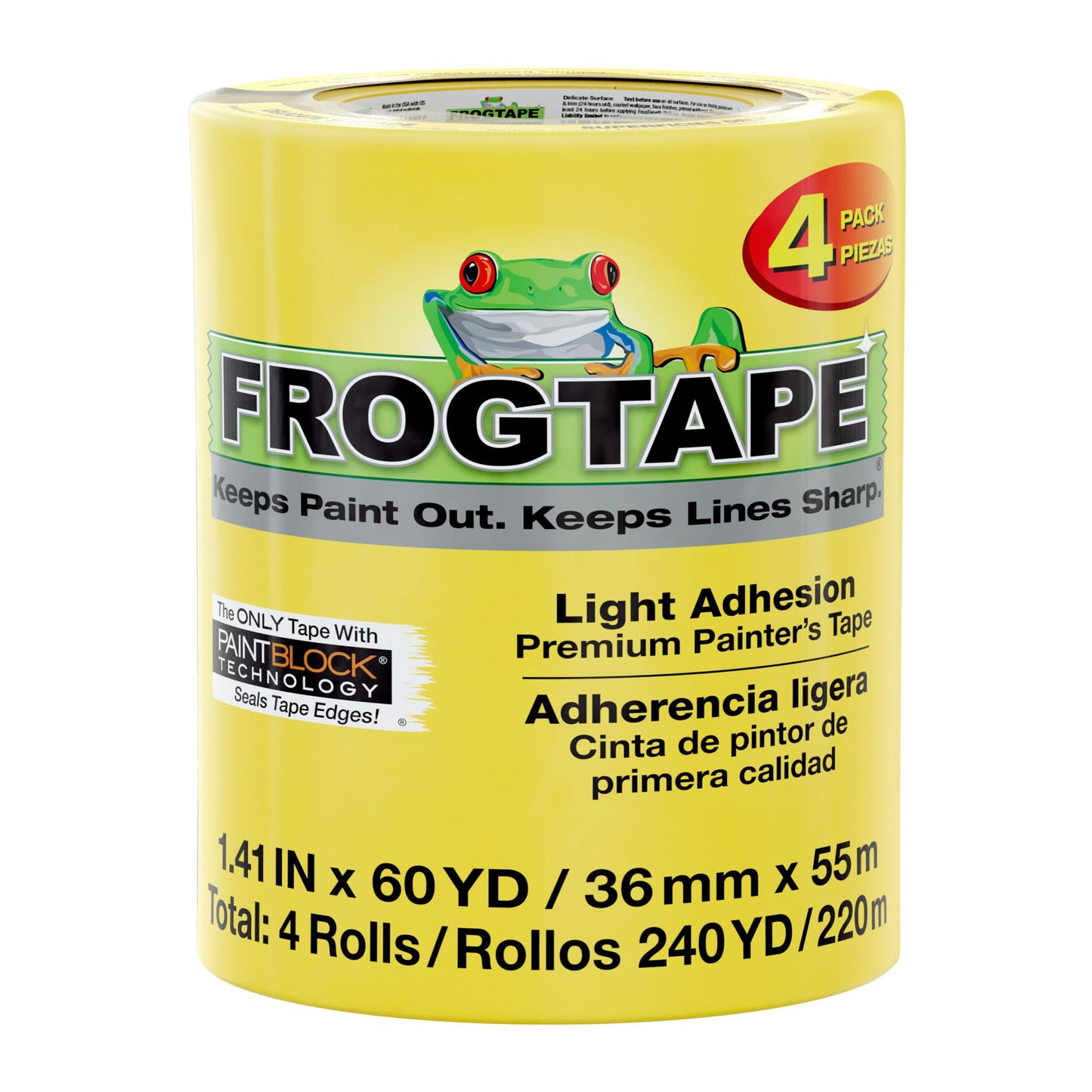 FrogTape Delicate Surface Painters Tape with PAINTBLOCK, 1.5 Inch Wide (1.41 in. x 60 Yds), Low Adhesion, Ideal for Freshly Painted Walls, Trim & Surfaces, Yellow, 4 Rolls (240662)