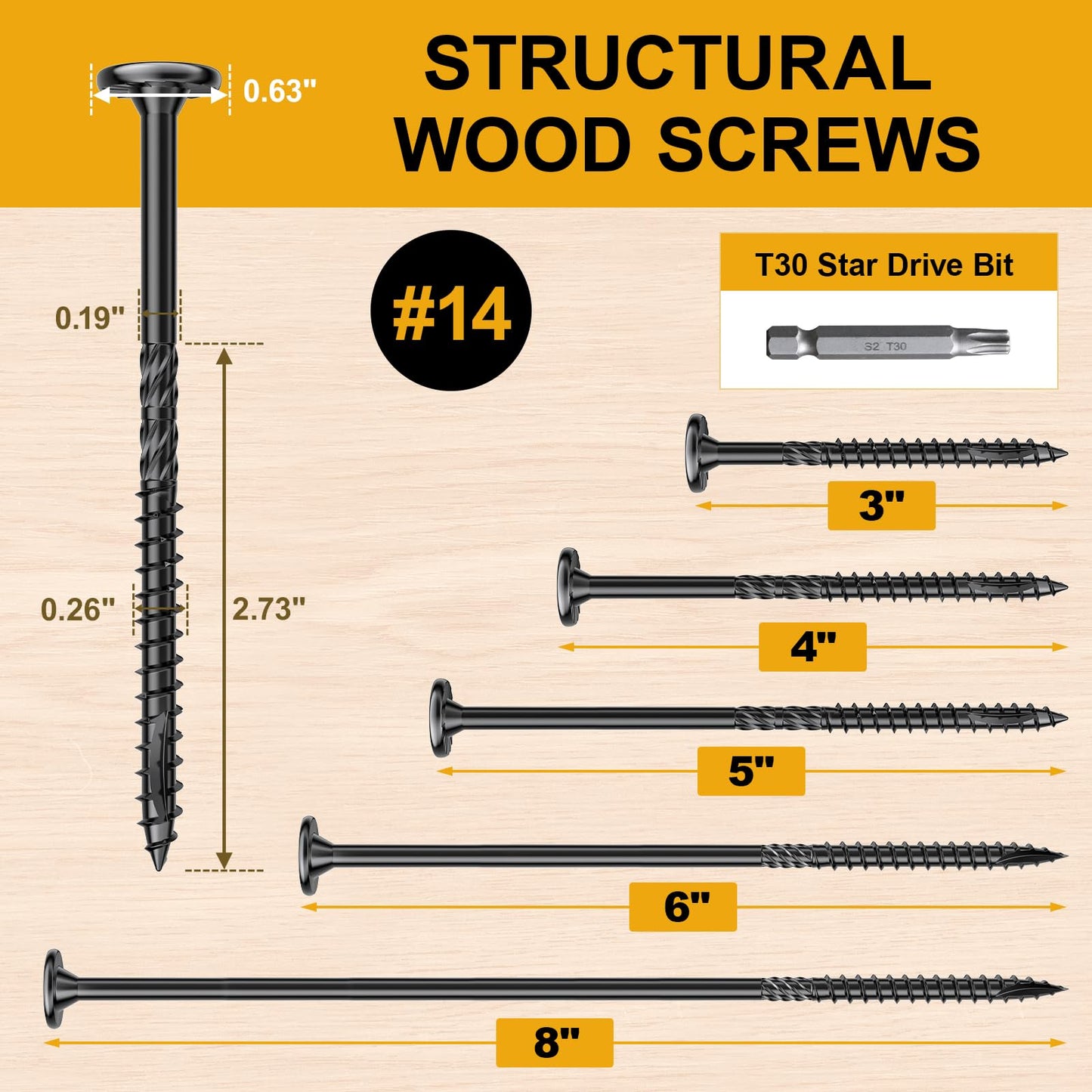 #14 x 6 Wood Structural Lag Screws 54Pcs Star Drive Decking Wood Screws, Rust Resistant Timber Screws for Timber/Log/Landscaping Wood
