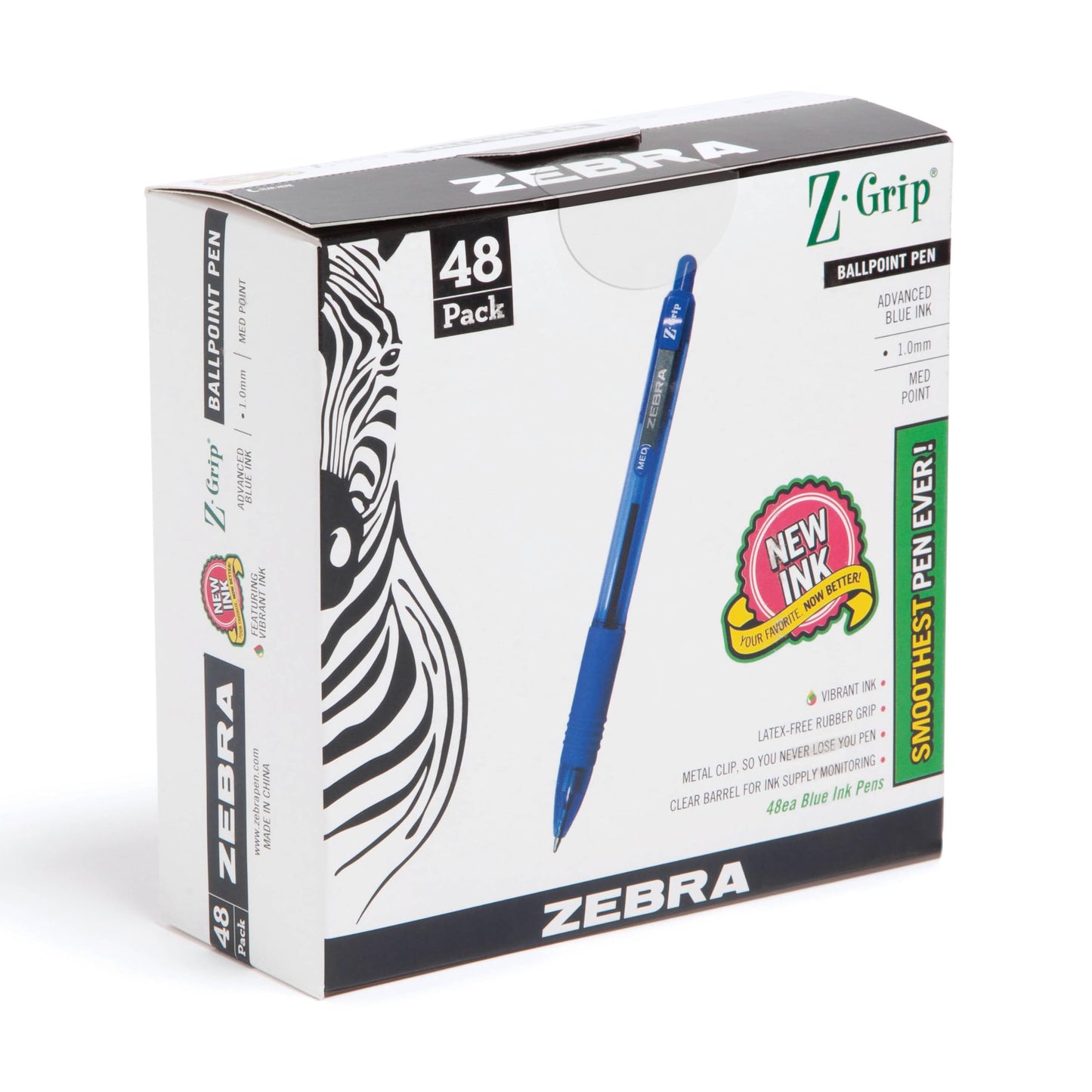 Zebra Pen Z-Grip Retractable Ballpoint Pen, Smooth-Flowing Blue Ink, 1.0mm Medium Point, School & Office Supplies, Ideal for Note-Taking, Journal and Planner Use, 48-Pack (22248)