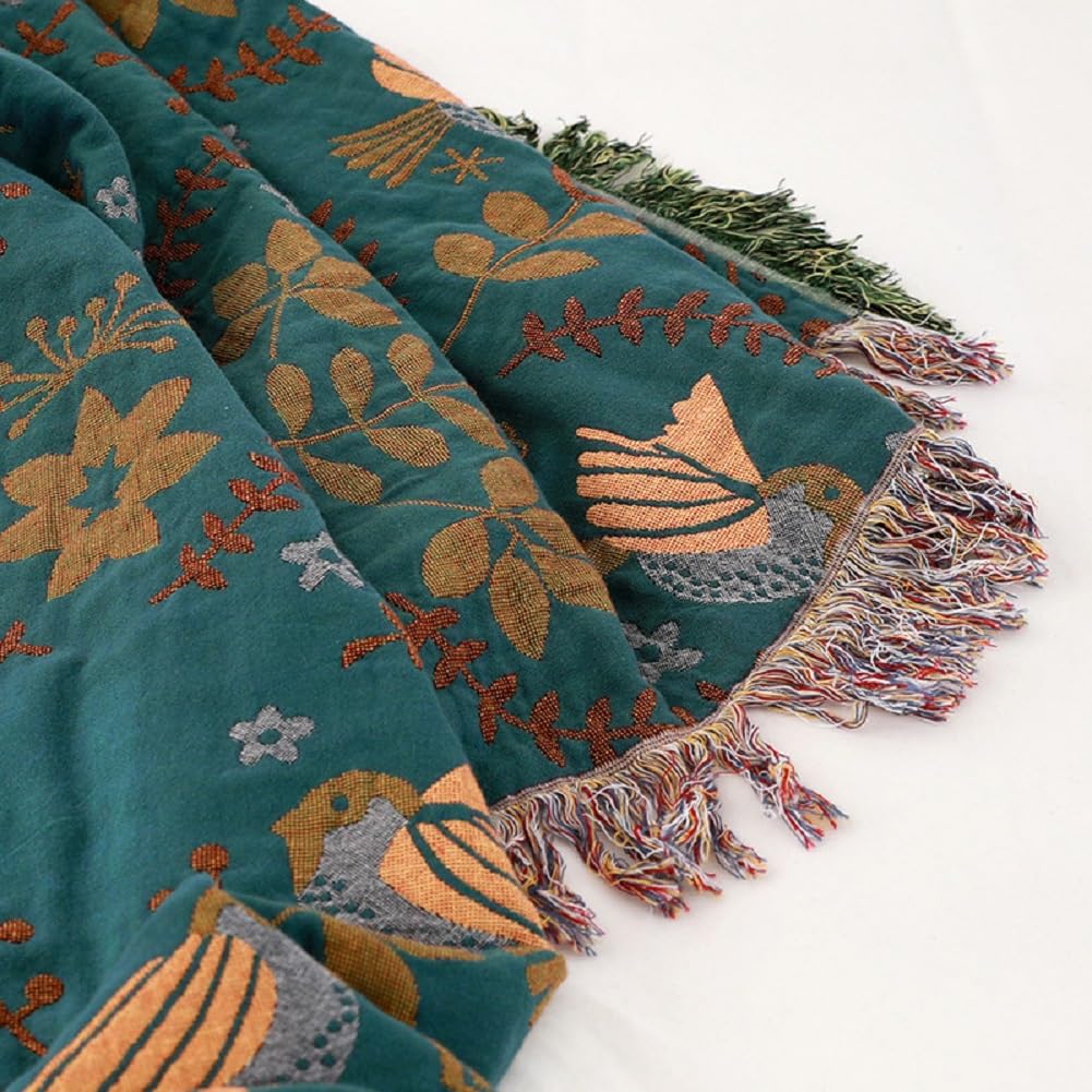 Boho Throw Blanket for Bed - 100% Cotton Ultra Soft Rustic Quilt Blanket Blue Bird Floral Printed Decor Farmhouse Bed Blankets, Super Soft Warm All Season Blanket for Sofa Couch Bed Chair, 60"×80"
