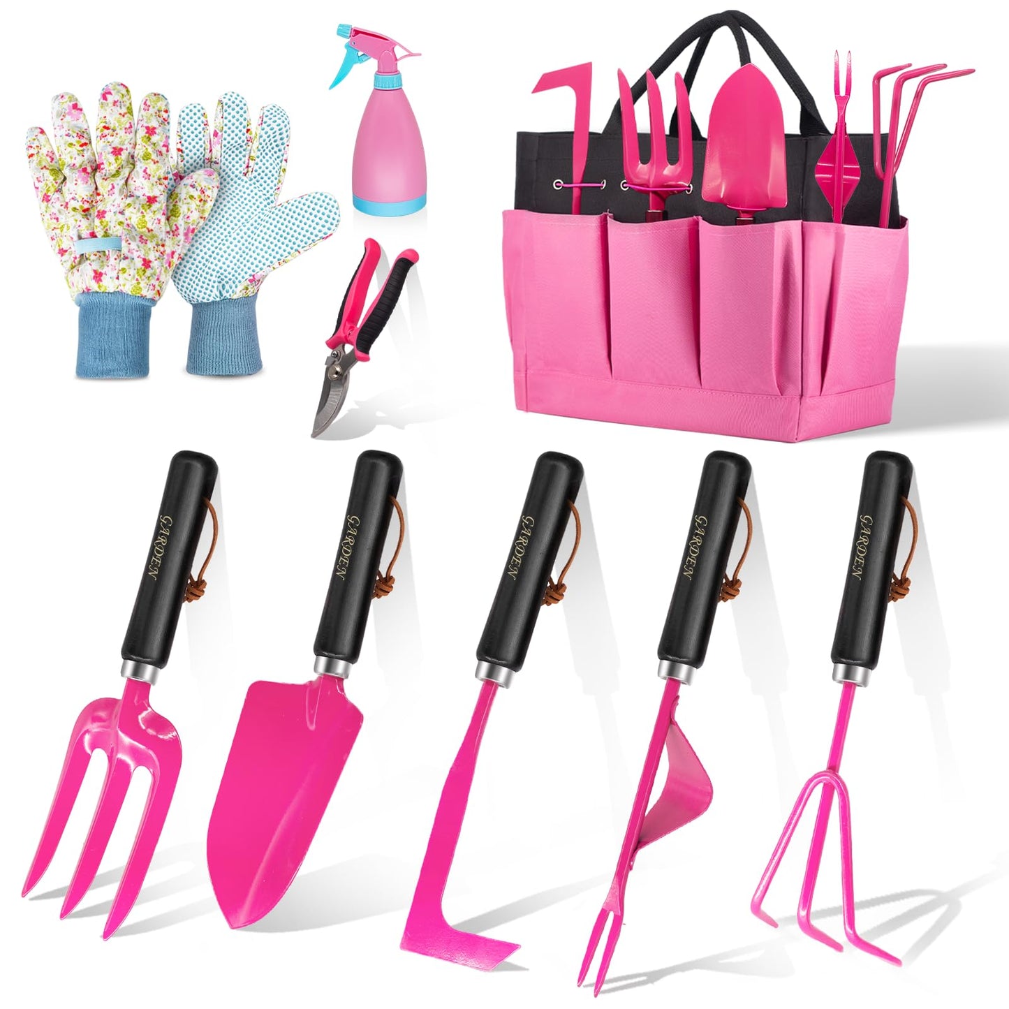 Gardening Tools 9-Piece Heavy Duty Gardening Hand Tools Set (Pink),Stainless Steels and Reinforced Garden Supplies Kit, Durable Garden Organizer Handbag,Ideal Gardening Gifts for Women