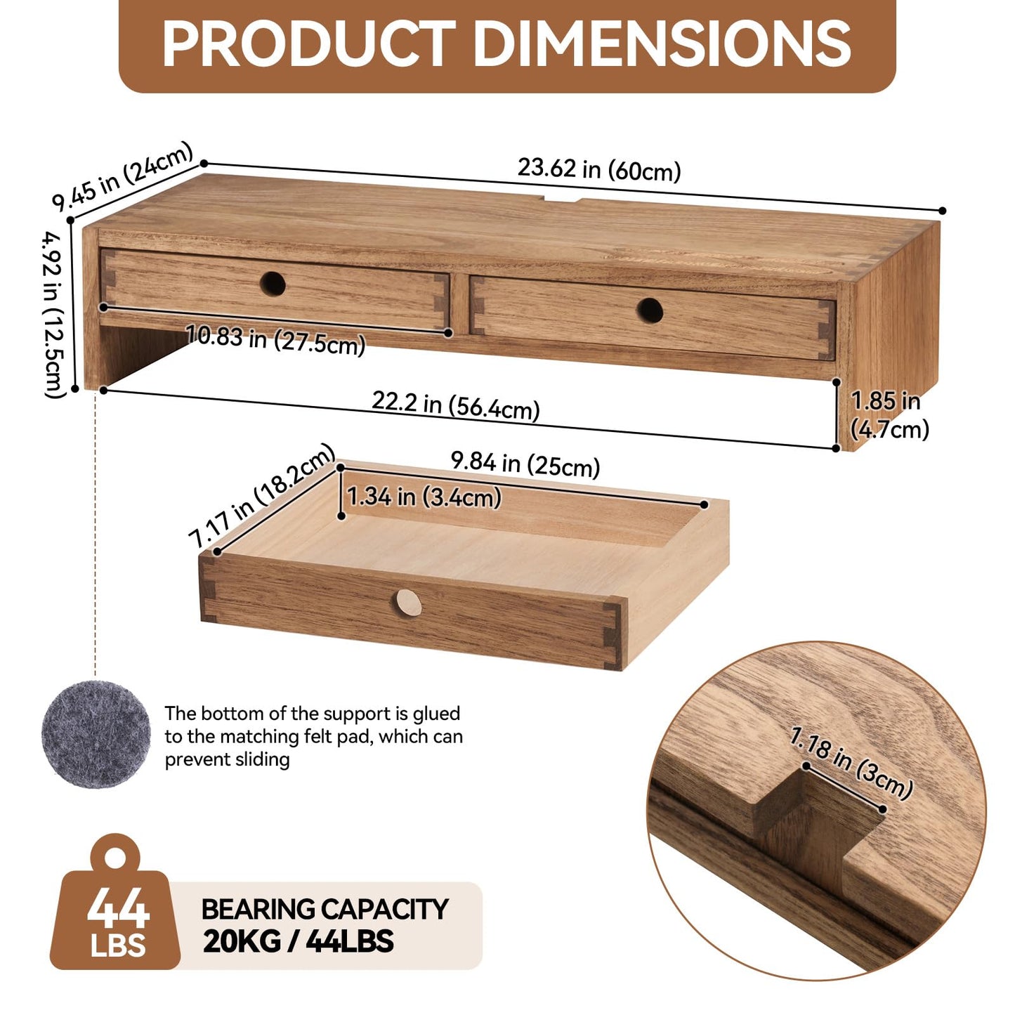 Kirigen Wood Monitor Stand with 2 Drawers - Computer Arm Riser Desk Storage Organizer,Speaker TV Laptop Printer Stand with Pen Slot and Cable Management,Dark Brown Desktop Shelf for Office DBR-2PMJ