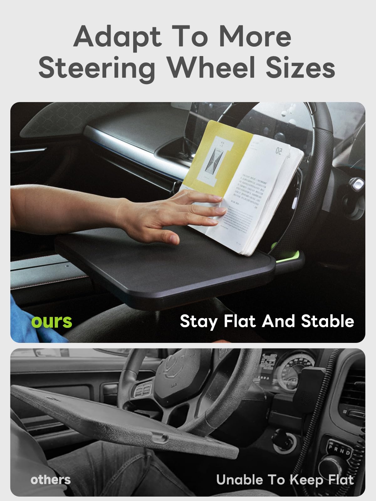 SAIJI Car Steering Wheel Desk with Retractable Slot, Car Food Tray with Anti-Scratch Silicone Steering Wheel Slot, Car Table Tray for Eating with Cup Holder, Multifunctional Travel Car Accessories