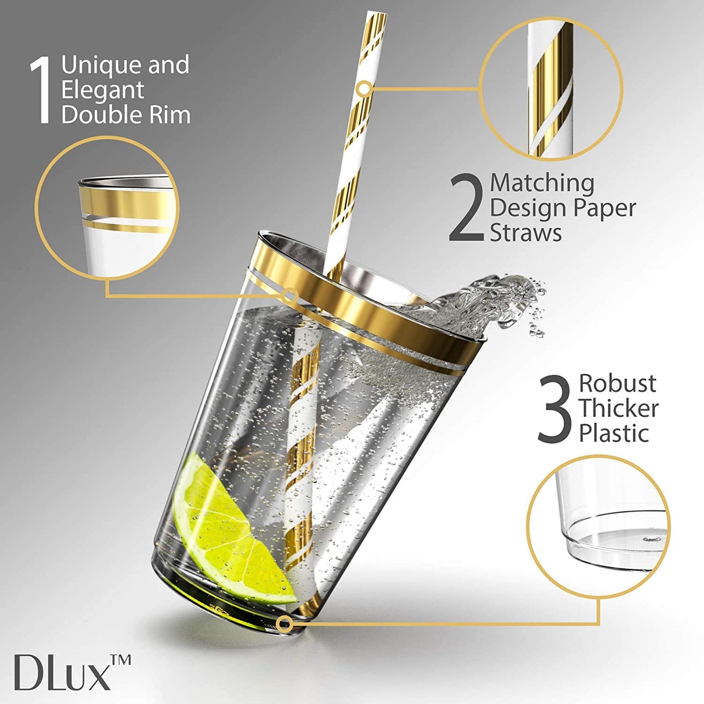 12 oz Gold Rim Plastic Cups with Eco-Friendly Paper Straws - 100 Elegant Clear Rimmed Cocktail & Dessert Tumblers for Weddings & Special Events - Reusable - with Drinks Recipe eBook