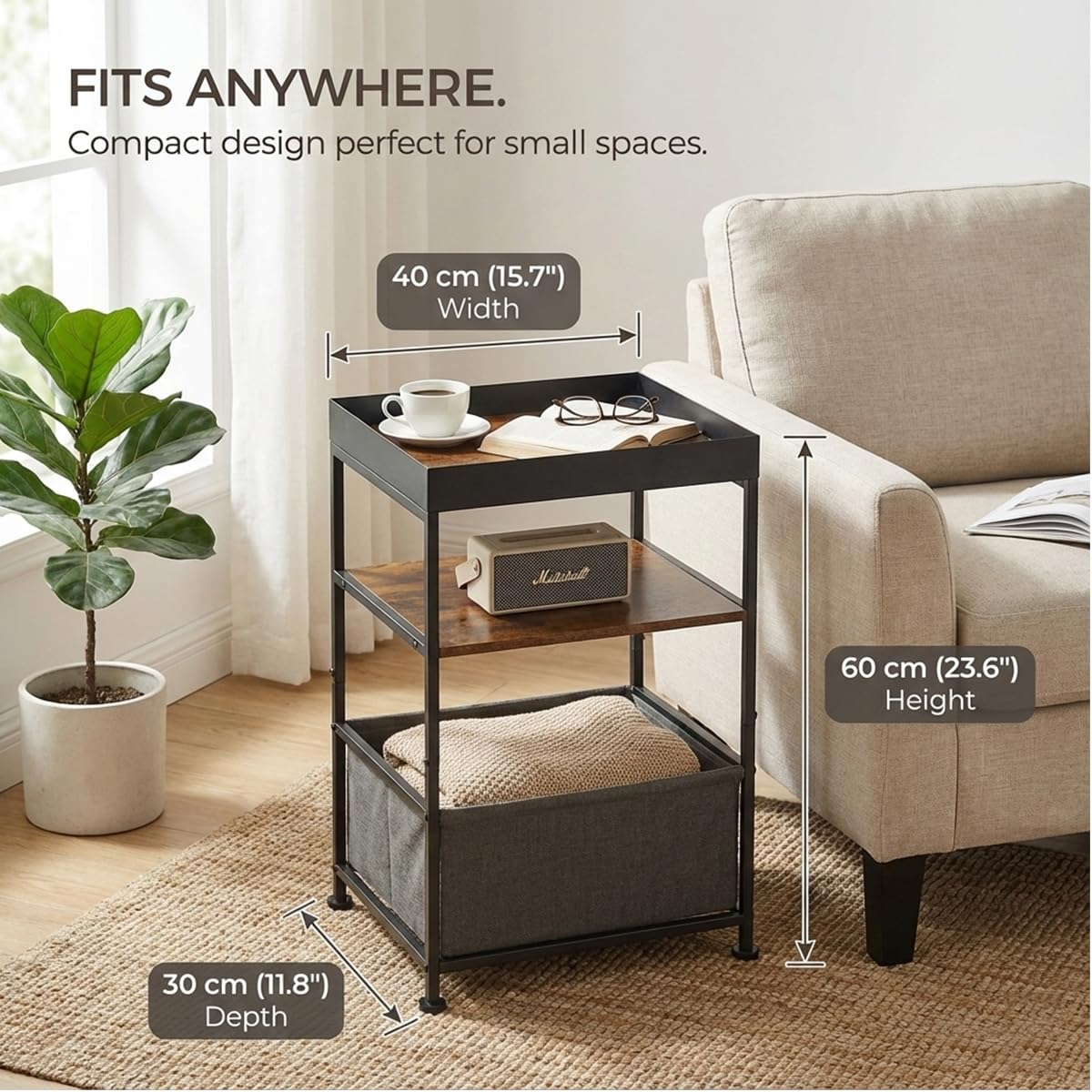 ZEXVIDA Industrial Narrow Side Table with Storage, 3 Tier End Table with Fabric Bin & Tray Top for Living Room, Narrow Nightstand Slim Bedside Table for Bedroom, Small Spaces, Rustic Brown