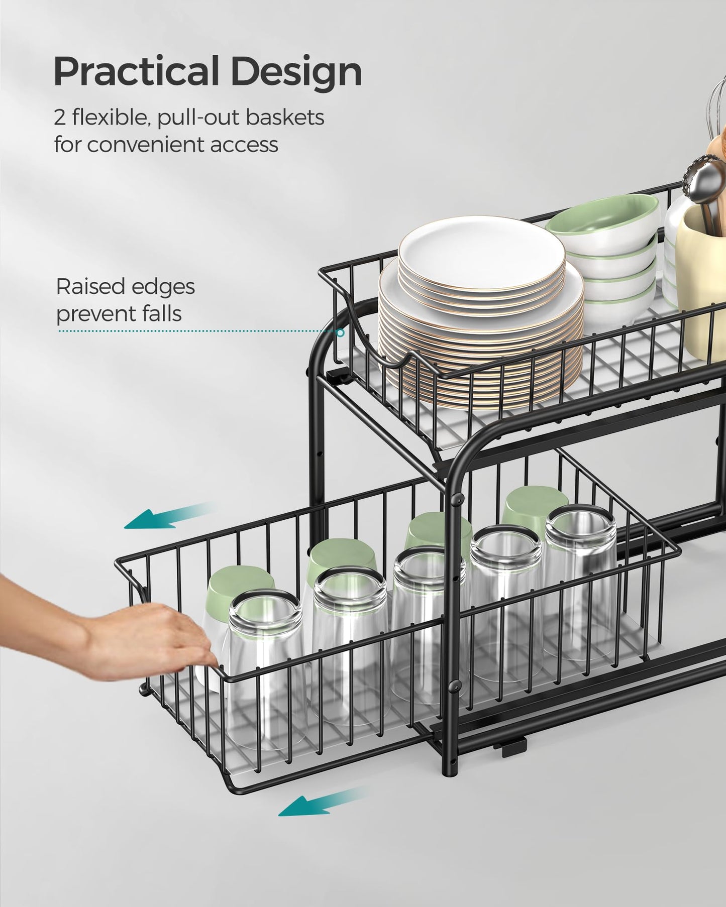 SONGMICS Pull Out Cabinet Organizer, 2-Tier Stackable Bathroom Organizer and Storage, 2 Sliding Basket Drawers, Cabinet Organizer for Kitchen, Bathroom, Ink Black UKCS017B01