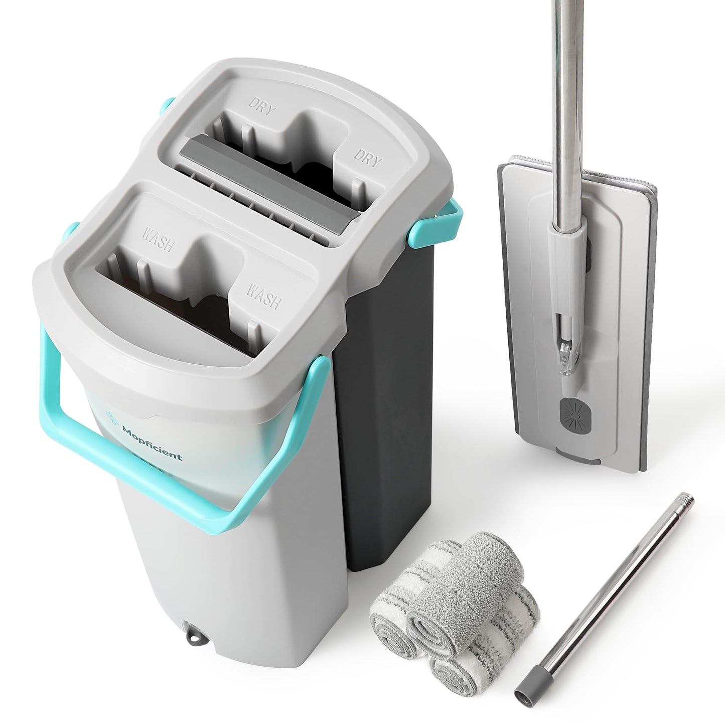 Mopficient 14L Dual-Chamber Flat Mop & Bucket Set, Clean & Dirty Water Separation, Hands-Free Self-Wringing, 15” Wide Head with EVA Squeegee, 4 Microfiber Pads, Stackable Design, Ergonomic