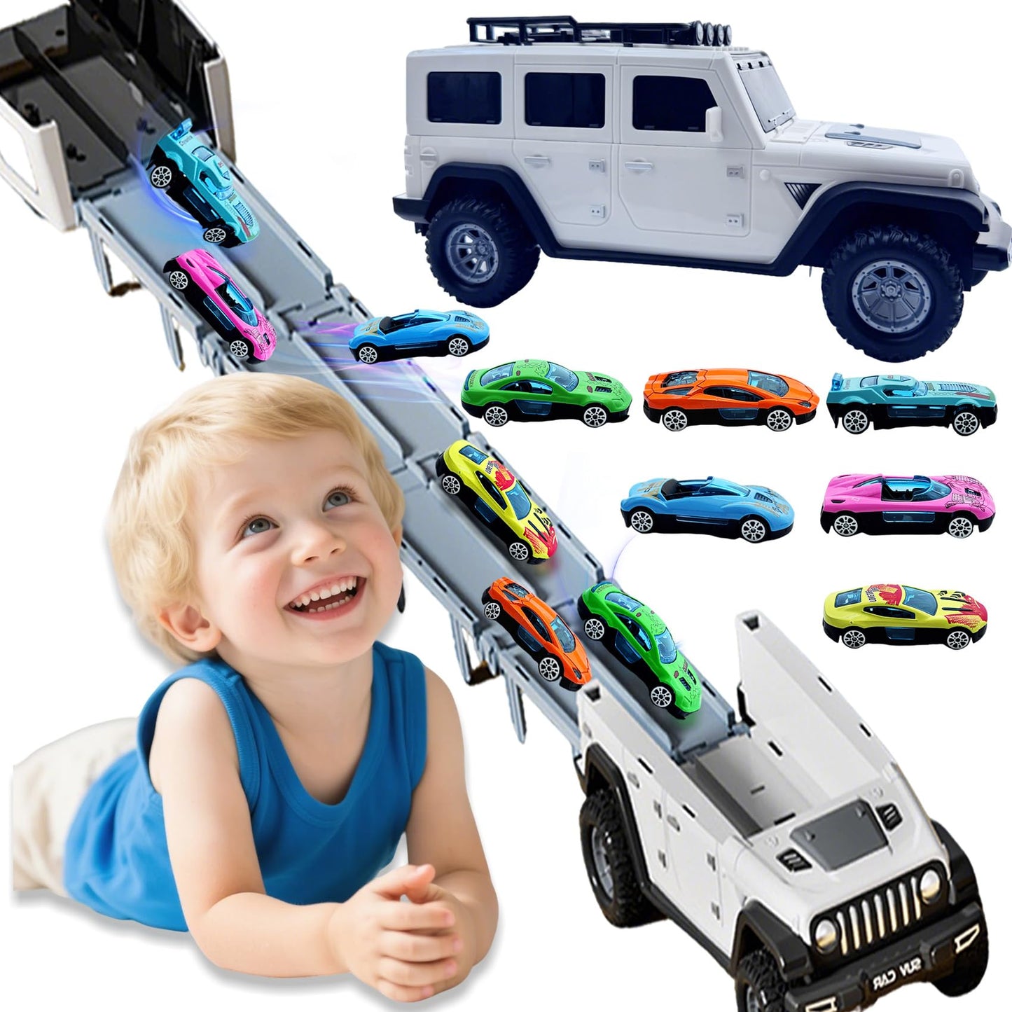 Bearbao Toddler Truck Toys for 3-8 Years Old Boys, Foldable 2 Layer Carrier Truck Transport Car Toys with 6 Metal Race Car with Light & Sounds, Toddler Car Toy Set Gifts for Boys Girls
