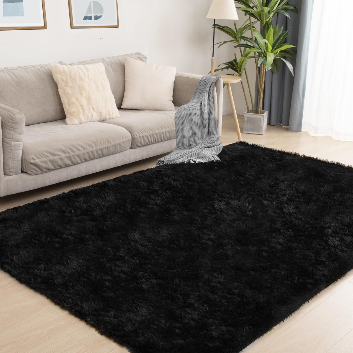 6x9 Large Area Rugs for Living Room Bedroom, Soft Fluffy Shaggy Rug, Indoor Washable Floor Carpet for Kids Girls and Boys, Dorms, Nursery Rooms, Home Decor Aesthetic, Solid Black