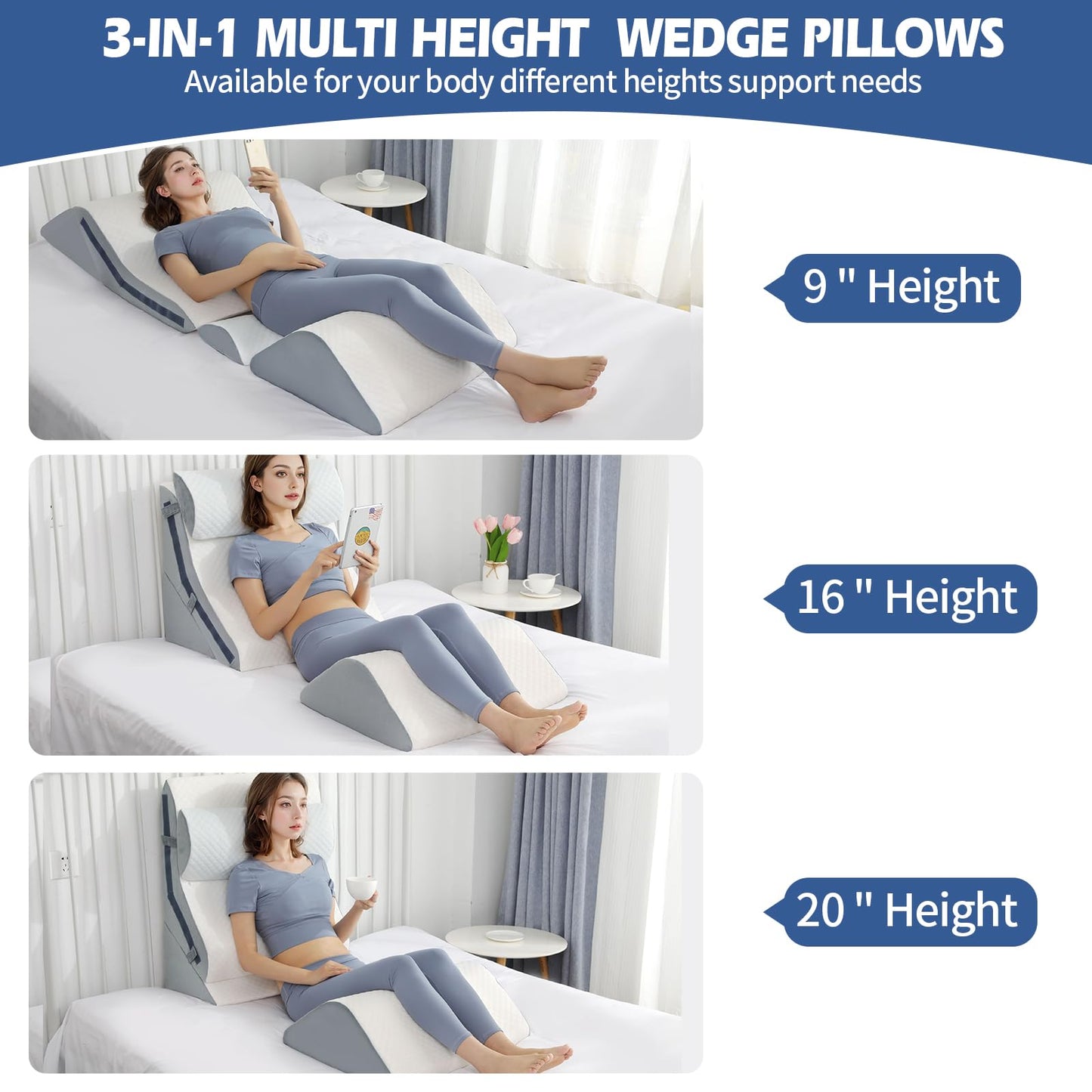 4Pcs Orthopedic Bed Wedge Pillow Set with 4Pcs Replacement Pillowcase, Incline Wedge Pillow for Back Pain Relief/Sleeping/Snoring/Post Surgery/Leg Elevation 20-in-1 Adjustable Memory Foam Wedge Pillow