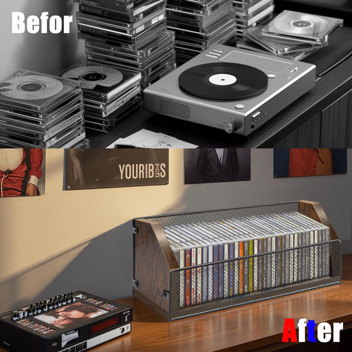 PUTNATRUE CD Storage Holder Wooden Organizer for up to 32 CDs Retro CD Case Rack