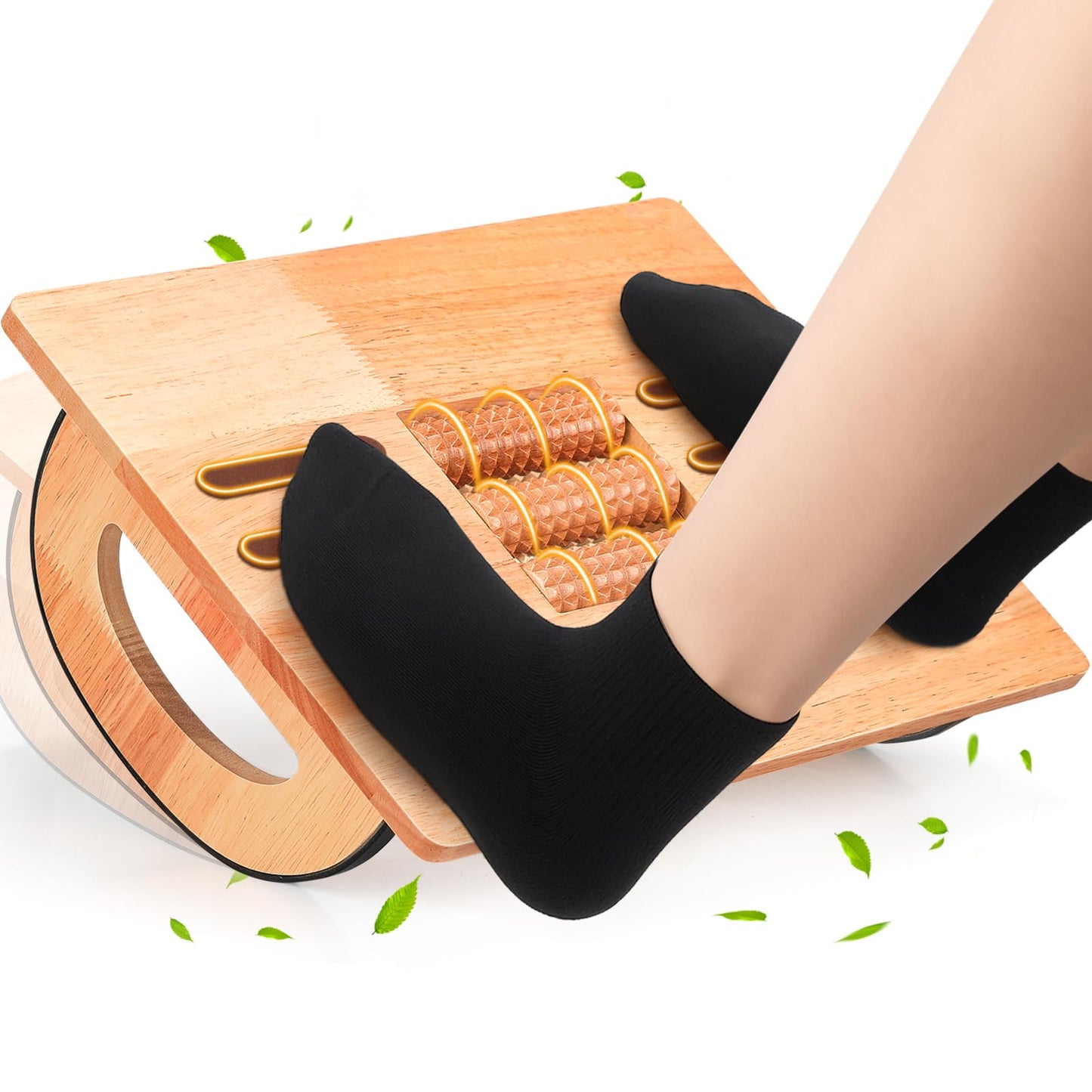 ONUEMP Wooden Rocking Footrest for Under Desk (15.5 x 10.6 in) – Solid Beechwood Ergonomic Foot Stool with Massage Rollers, Non-Slip Foot Rocker Leg Rest Footrest for Office Chair, Gaming & Home Office