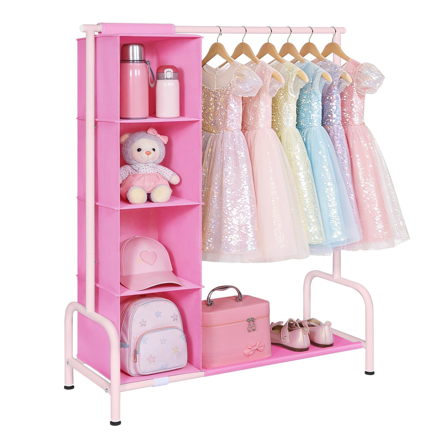 Univivi 43 inch Kids Clothing Rack with Hanging Organizer,Toddler Dress Up Storage Rack for Baby Clothes,Dance Costumes,Kids Wardrobe Closet for Hanging Clothes,Pink/Pink