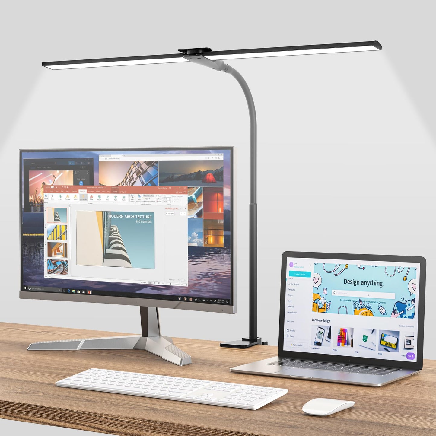 Hensam Desk Lamp for Office Home-Double Head Led Desk Light, Touch Control Dimmable 5 Brightness Levels 5 Color Modes, Eye-Caring Architect Desktop Lamp for Reading/Workbench/Study [12W,Black]