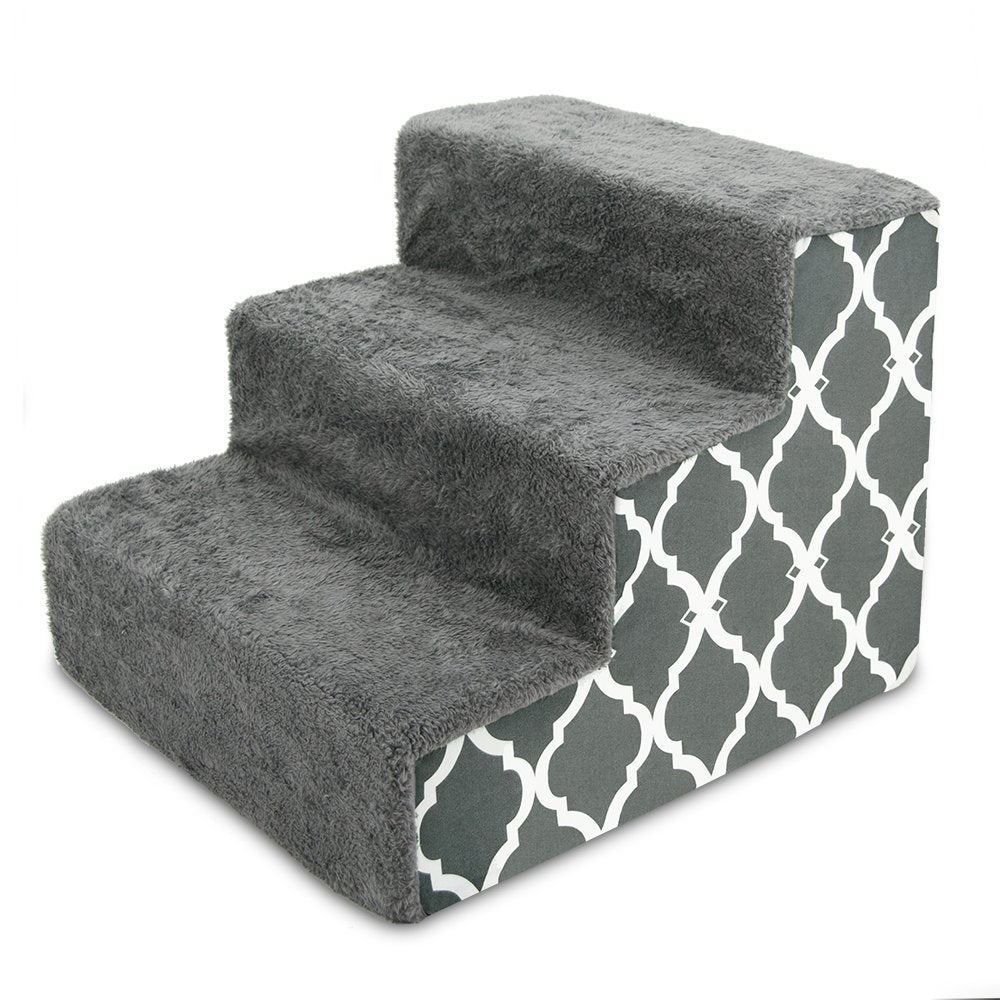 Best Pet Supplies Foam Pet Steps for Small Dogs and Cats, Portable Ramp Stairs for Couch, Sofa, and High Bed Climbing, Non-Slip Balanced Indoor Step Support, Paw Safe - Gray Lattice Print, 3-Step