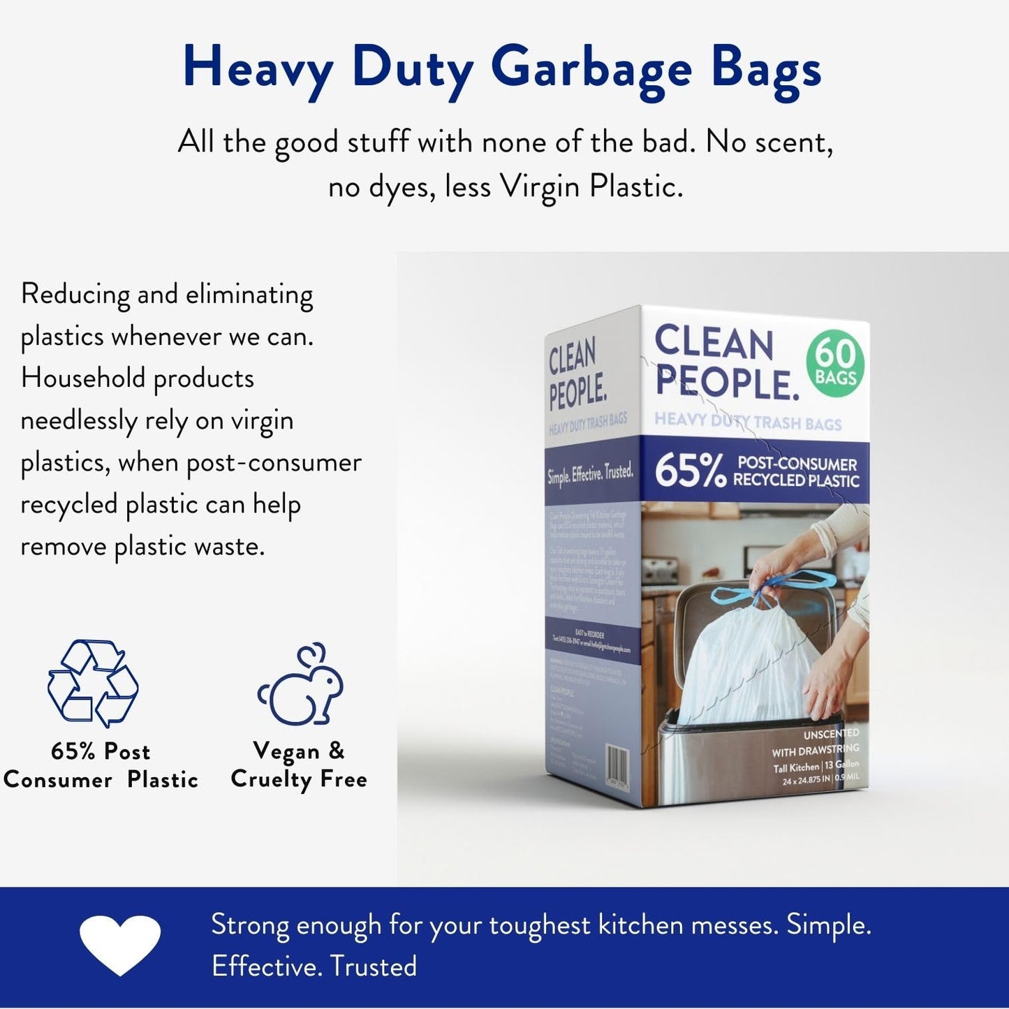 Clean People Trash Bags, Tall Drawstring Kitchen Garbage Bags, 13 Gallon Capacity, 60 Bags, Made with 65% Recycled Material, Unscented