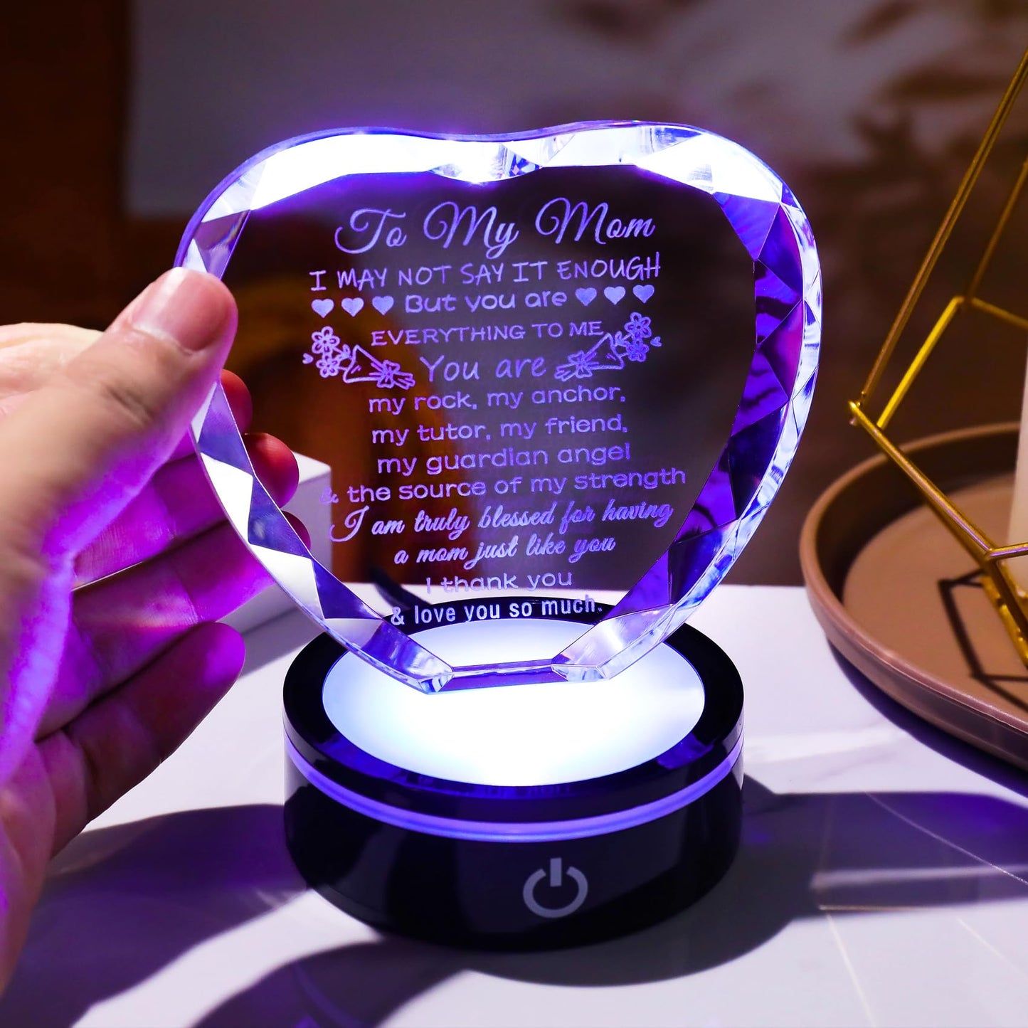 YWHL Gifts for Mom from Daughter Son Moms Birthday Gifts Unique Heart Crystal Laser Words Gift for Mom with Colorful Base on Mothers Day Thanksgiving Day Christmas Valentine's Day