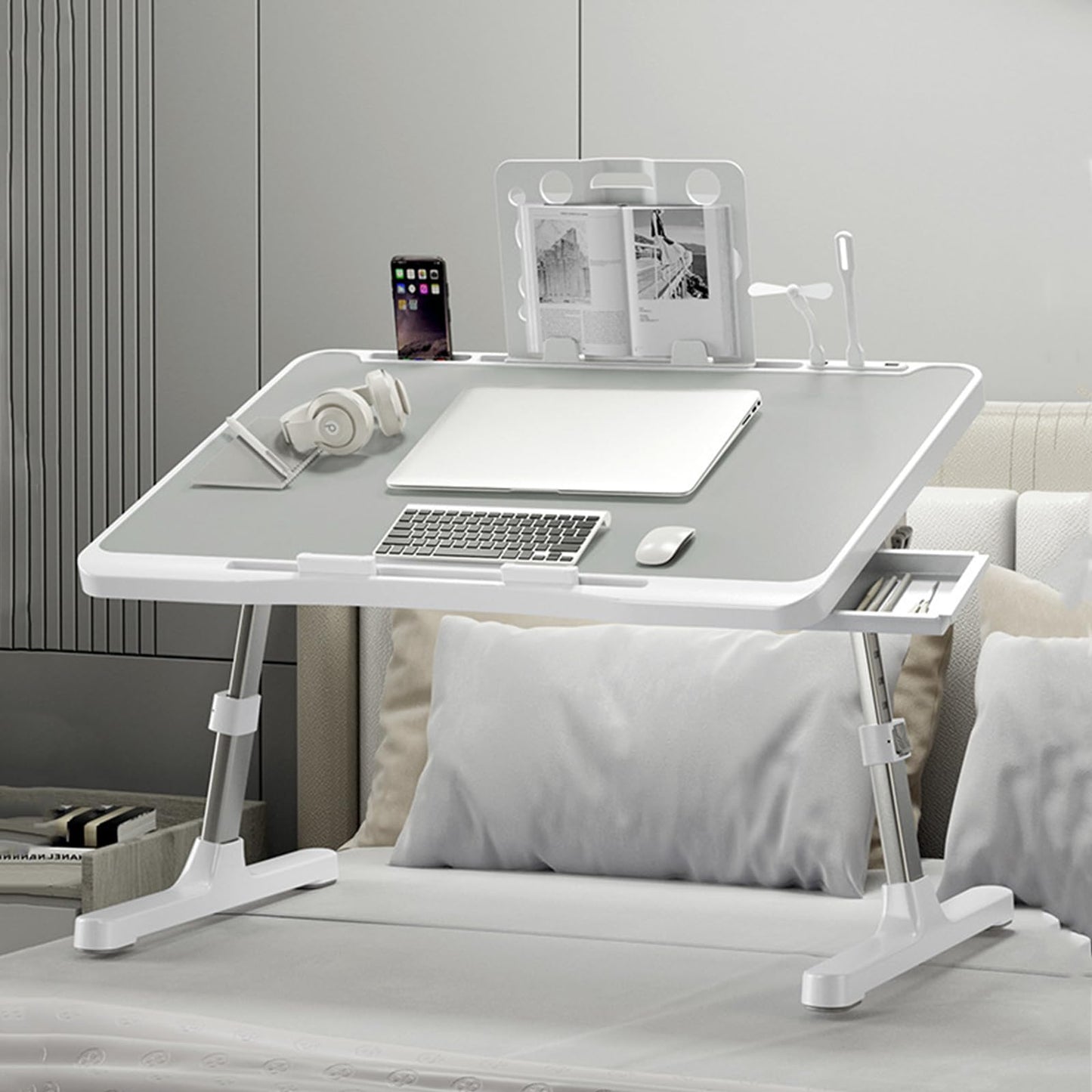 Laptop Desk for Bed, Adjustable Bed Table with USB Charge Port, Foldable Laptop Table with Storage Drawer, Portable Laptop Bed Desk Tray for Eating Working Writing Reading(Silver)