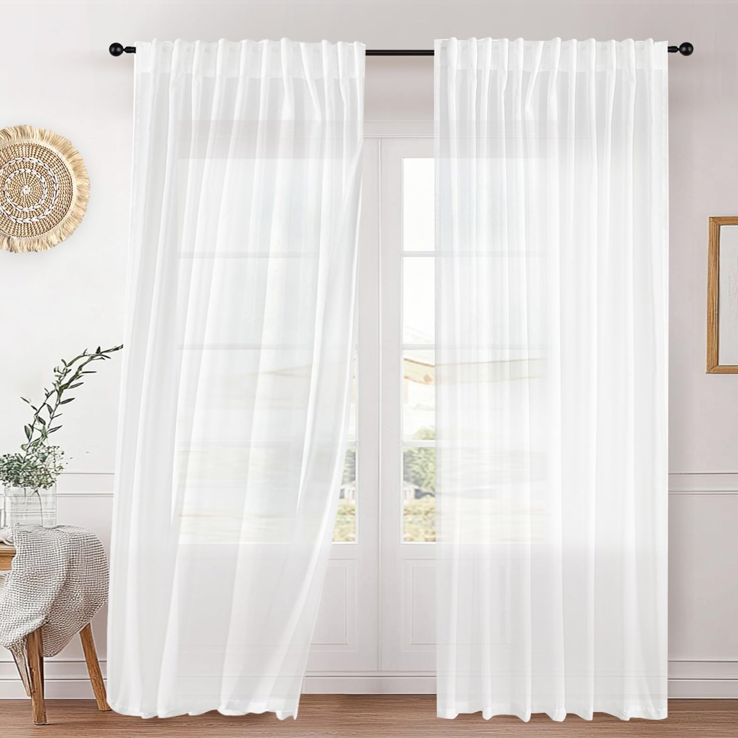 LumiLoom Sheer Curtains 96 Inch Long - White Chiffon Privacy Protection Light Filtering Window Treatments for Bedroom Living Room, Rod Pocket & Back Tab,Cat-Proof, 2 Panels Set, 52x96 Inches